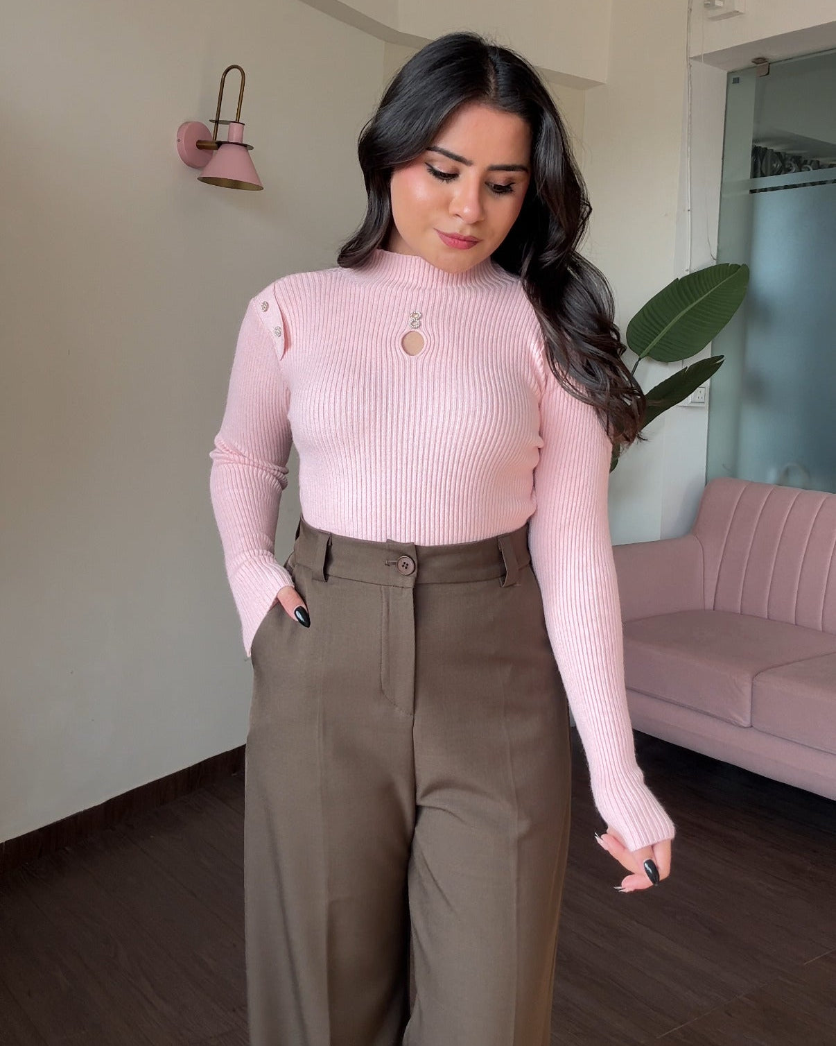 High Neck Ribbed Neck Cut Out Detailing Embellished Top