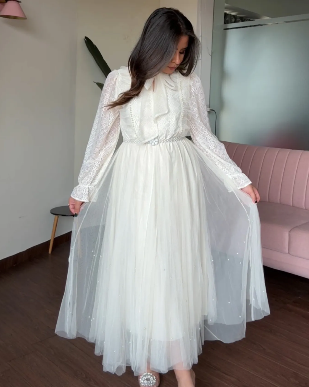 Pearl Lace Detailing Midi Dress With Pearl Belt