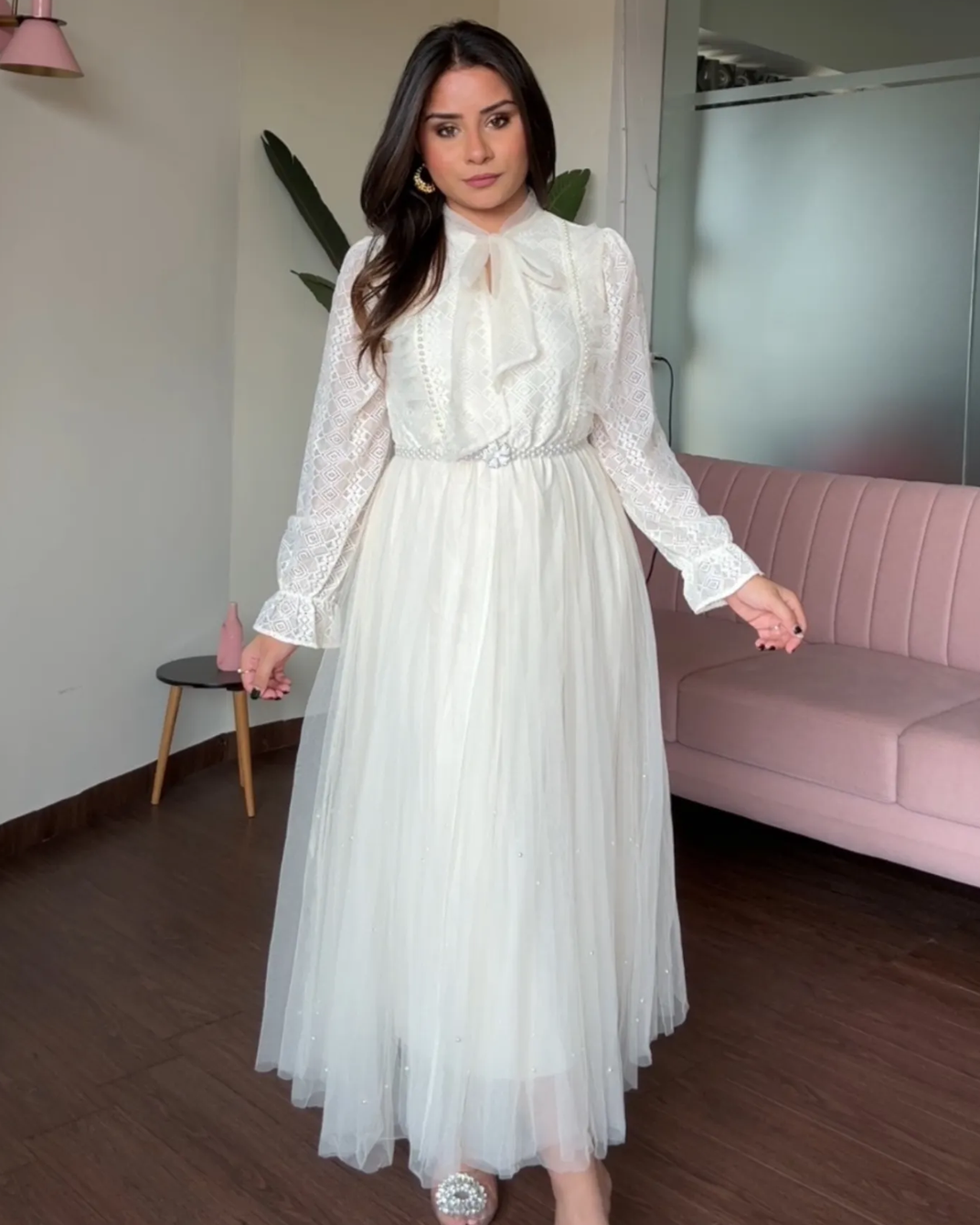 Pearl Lace Detailing Midi Dress With Pearl Belt