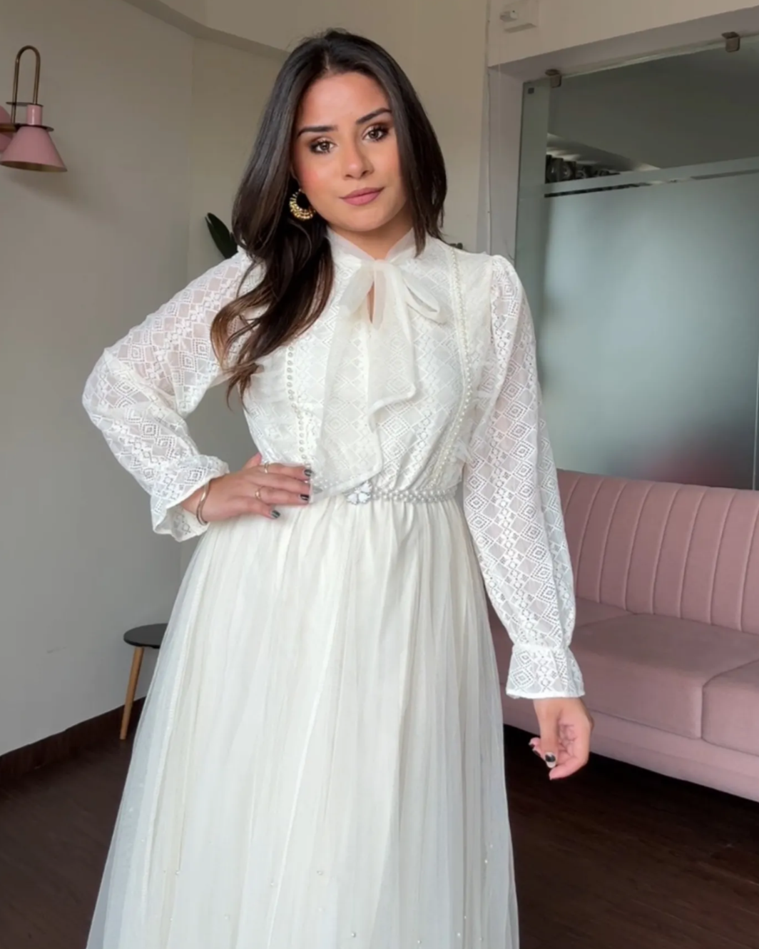 Pearl Lace Detailing Midi Dress With Pearl Belt