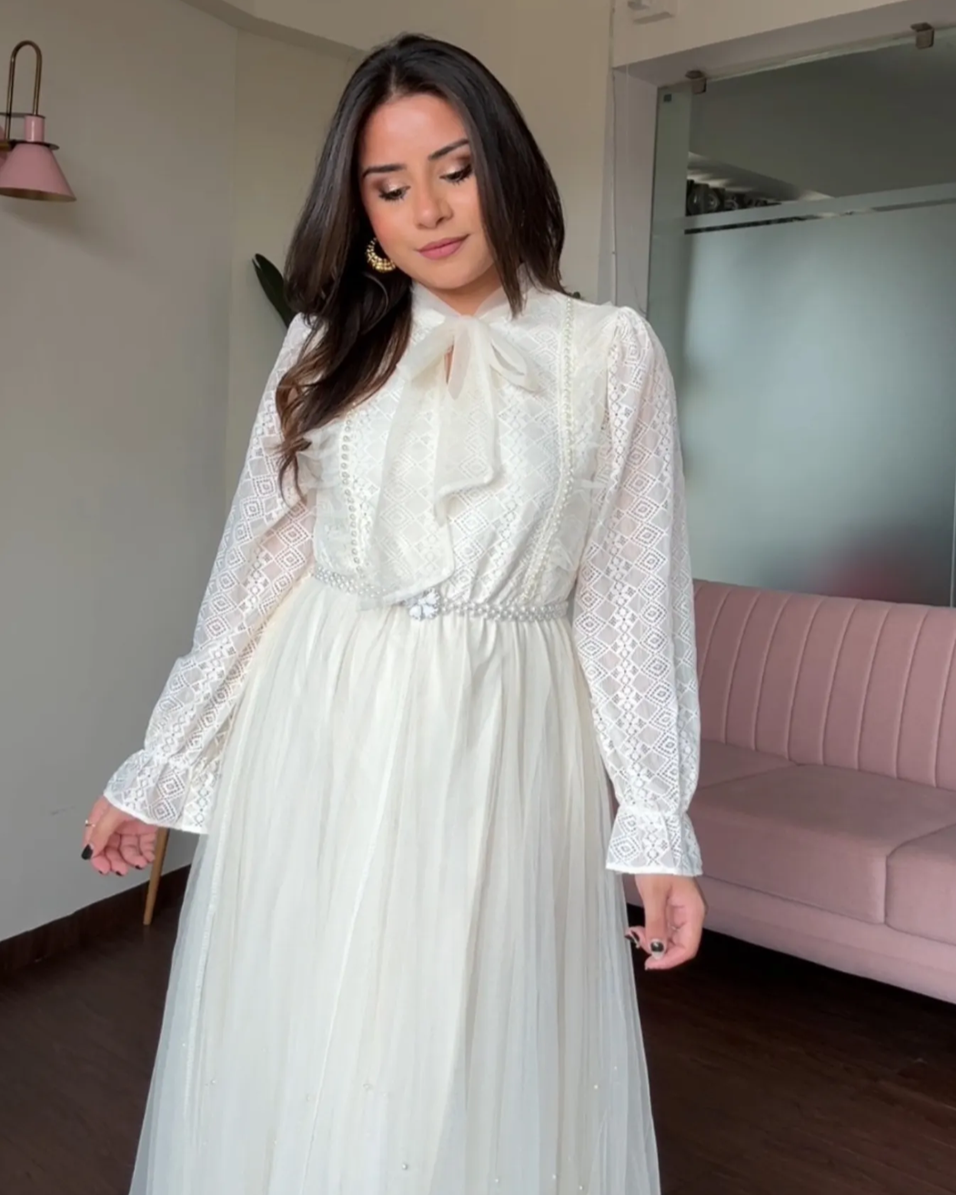 Pearl Lace Detailing Midi Dress With Pearl Belt