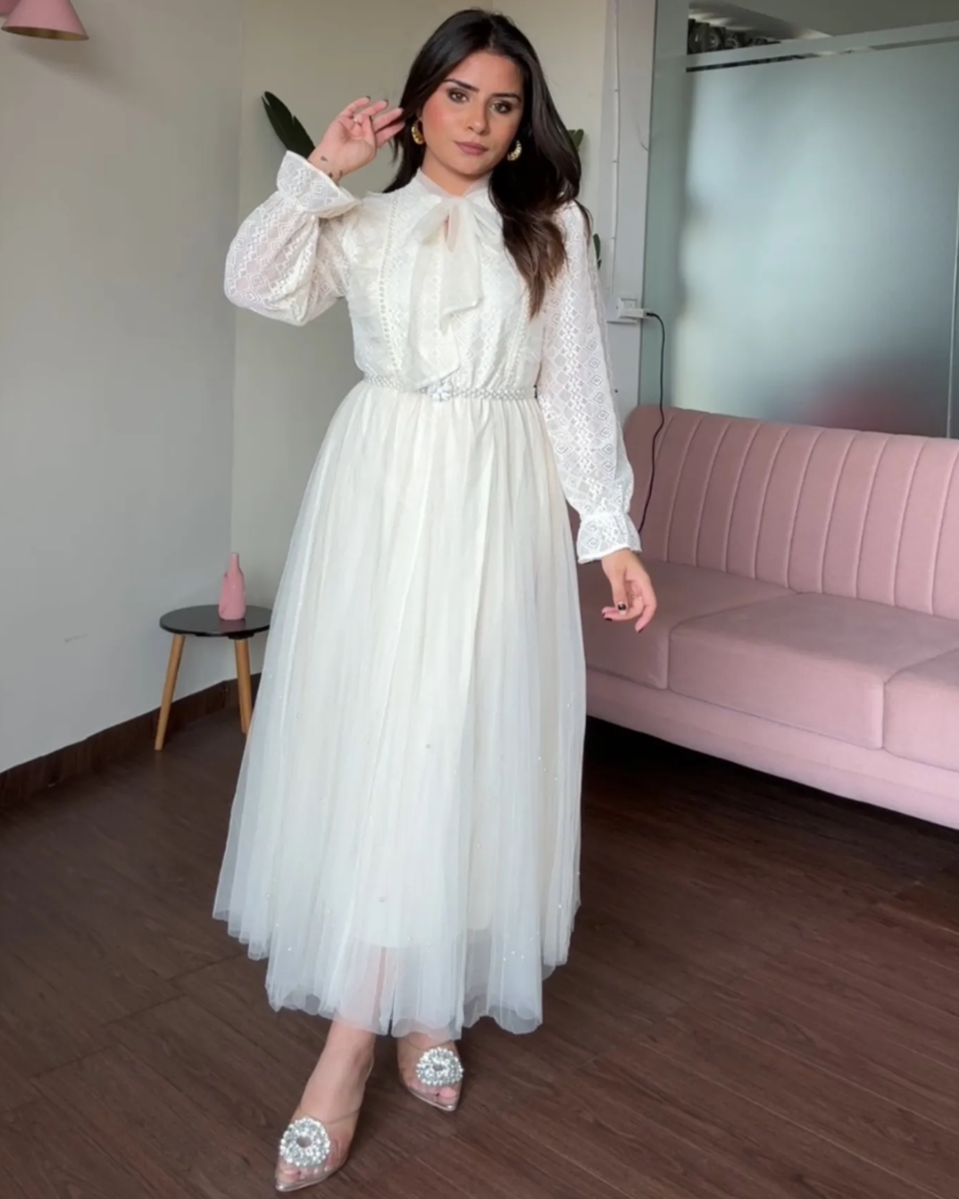 Pearl Lace Detailing Midi Dress With Pearl Belt