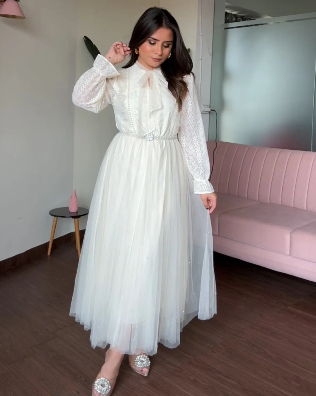 Pearl Lace Detailing Midi Dress With Pearl Belt