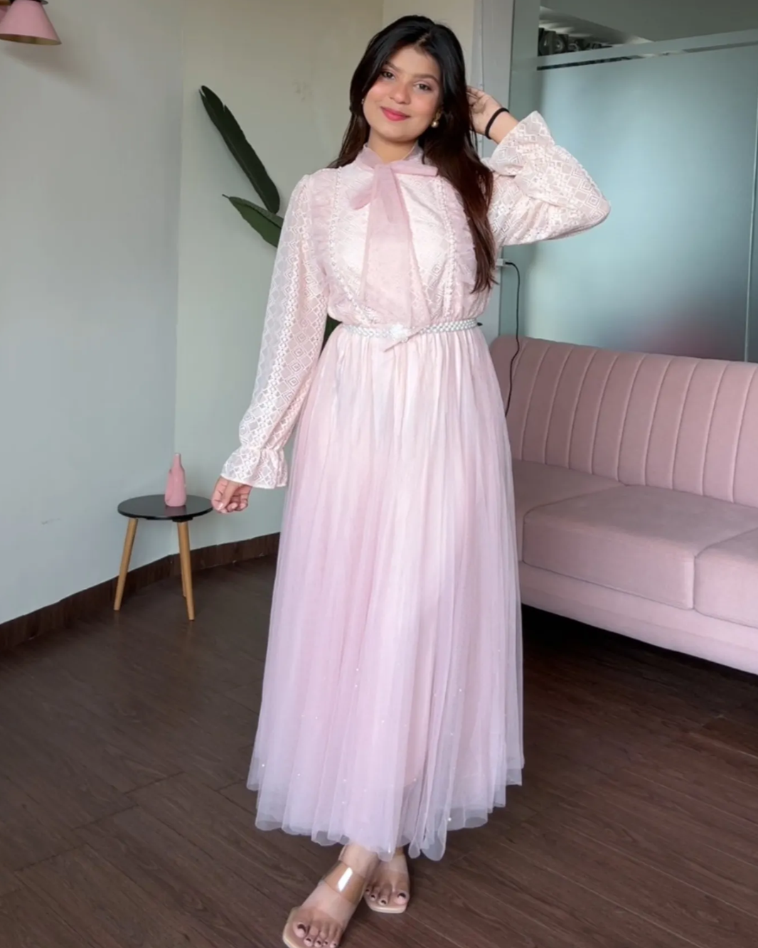 Pearl Lace Detailing Midi Dress With Pearl Belt