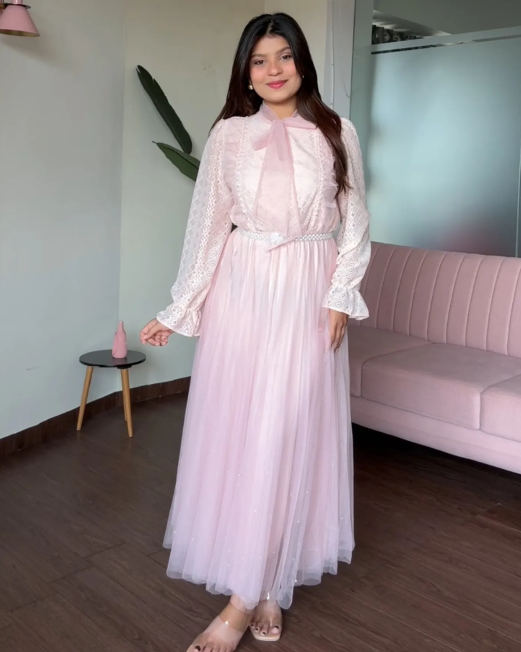 Pearl Lace Detailing Midi Dress With Pearl Belt