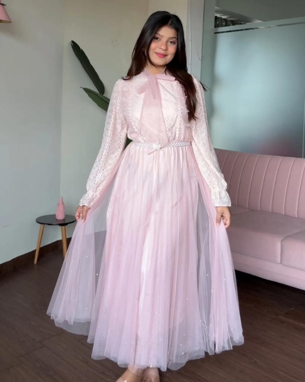 Pearl Lace Detailing Midi Dress With Pearl Belt