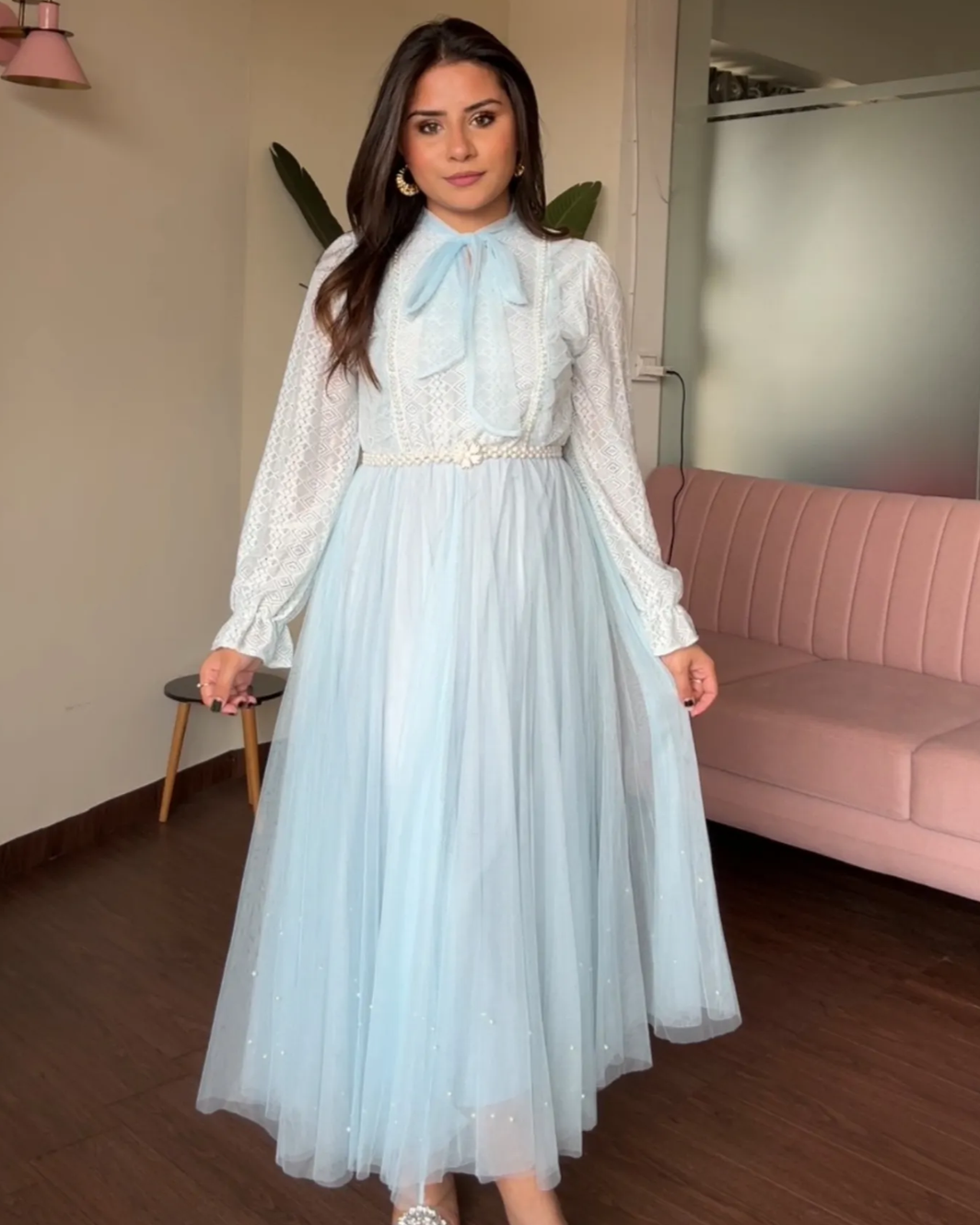 Pearl Lace Detailing Midi Dress With Pearl Belt