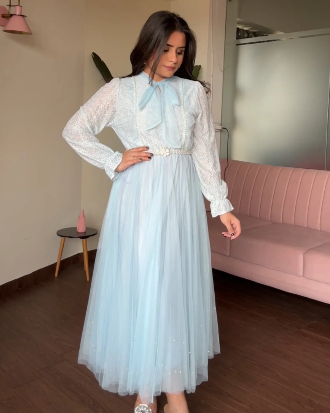 Pearl Lace Detailing Midi Dress With Pearl Belt