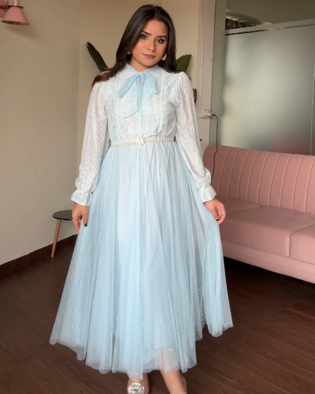 Pearl Lace Detailing Midi Dress With Pearl Belt