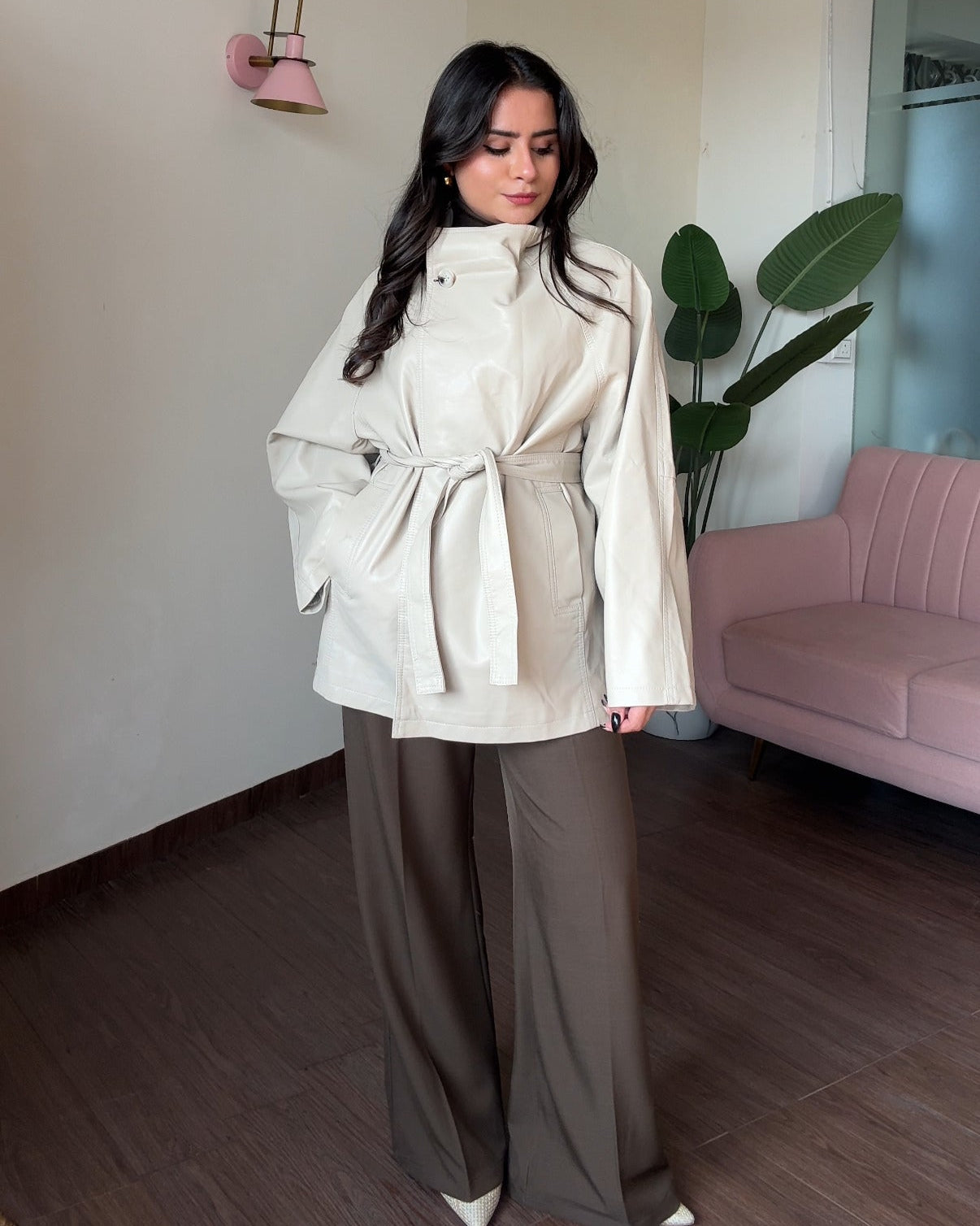 High Neck Korean Leather Trench Coat