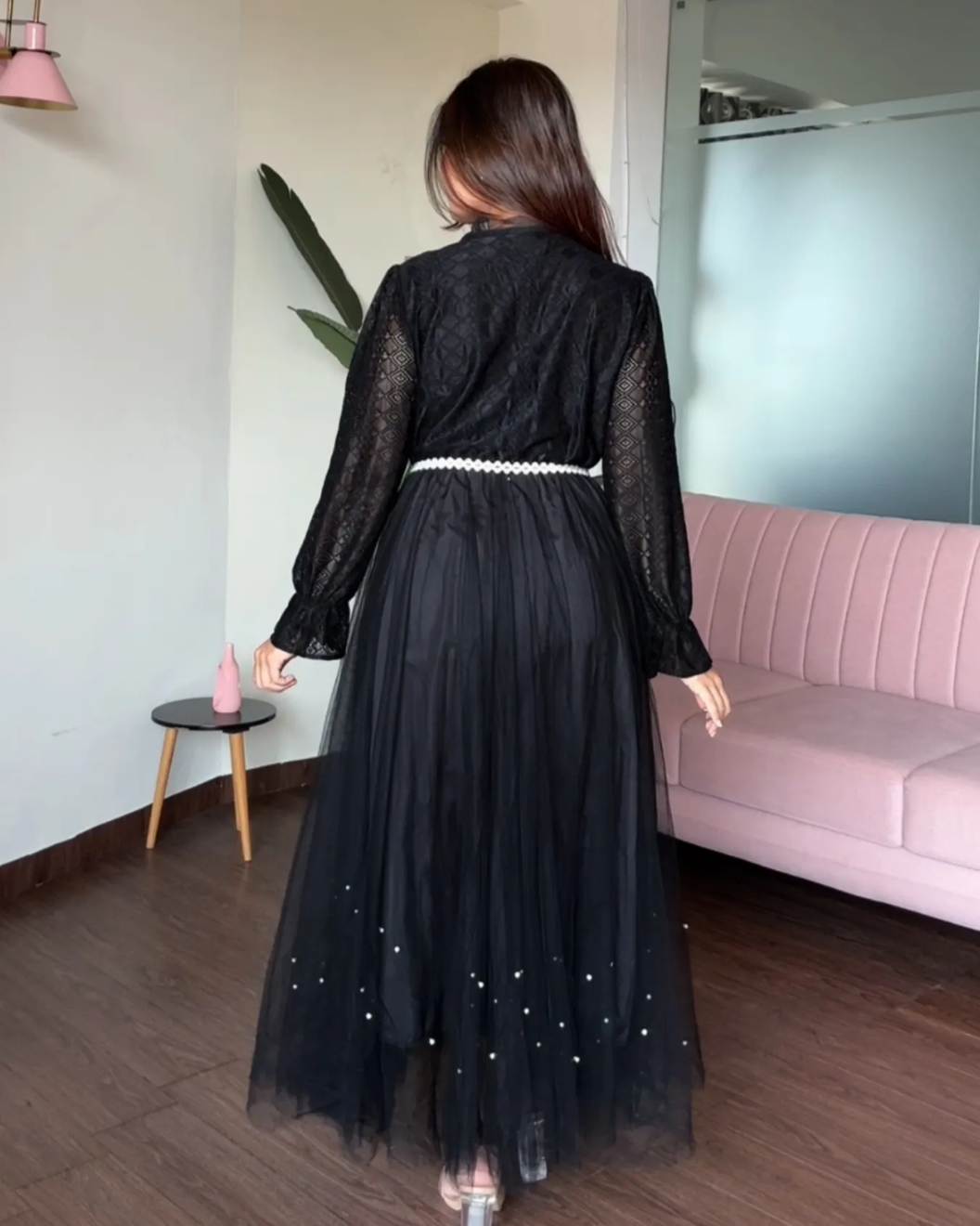 Pearl Lace Detailing Midi Dress With Pearl Belt