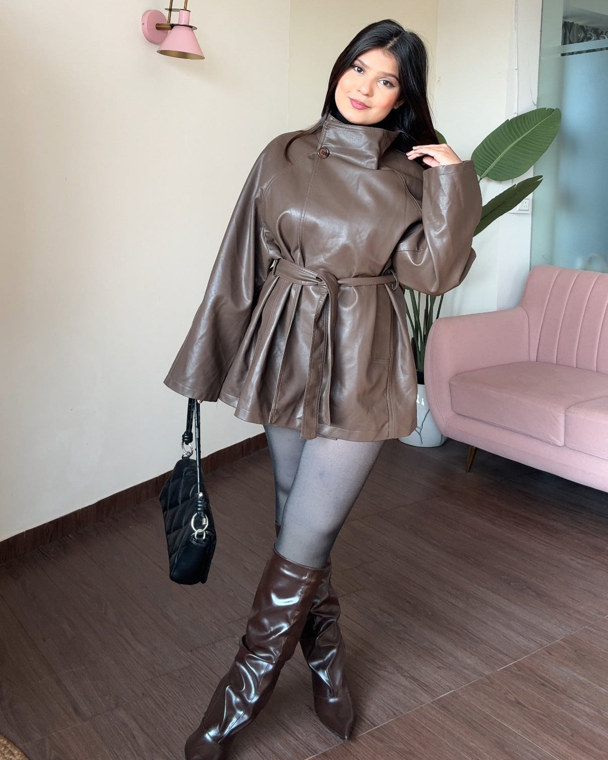 High Neck Korean Leather Trench Coat