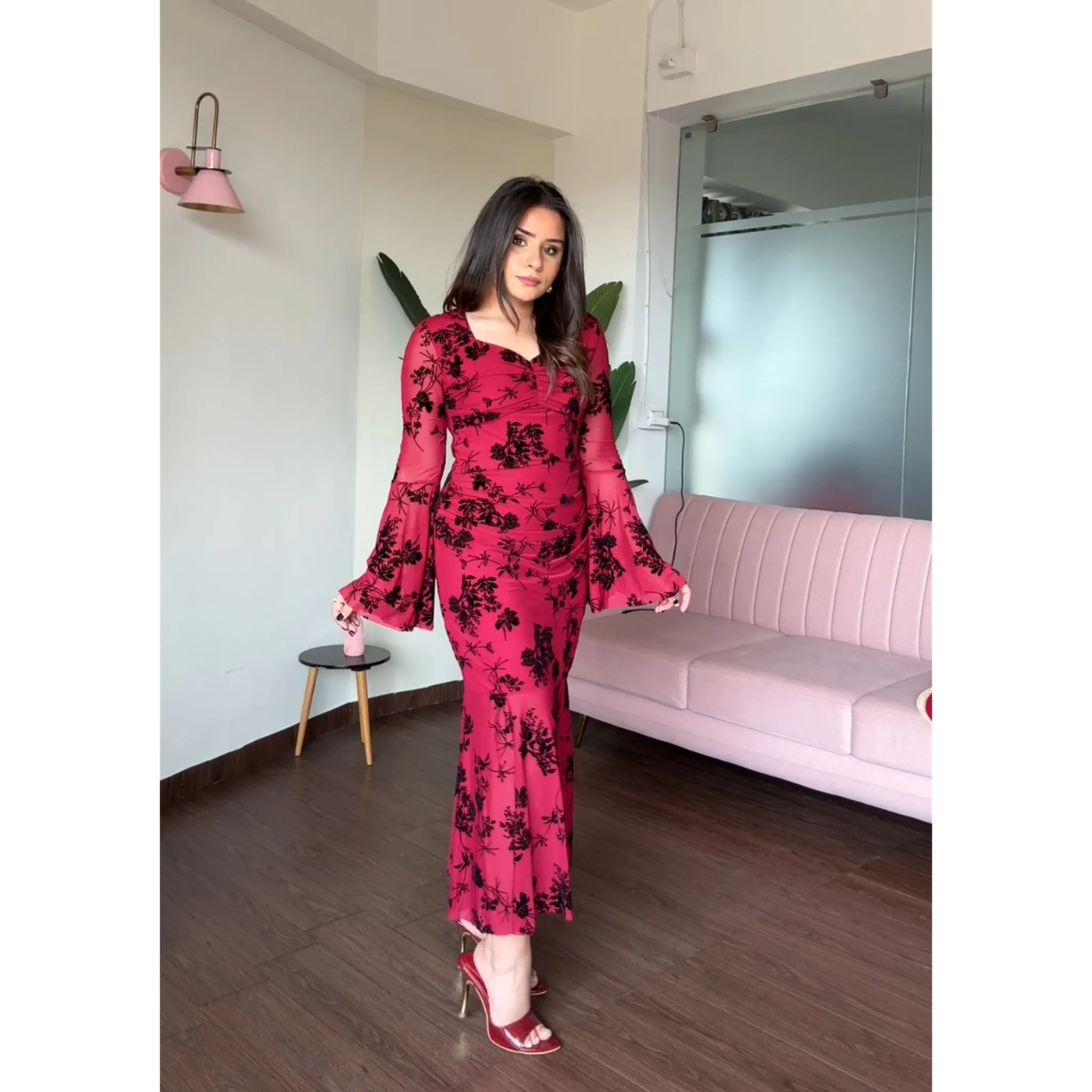 Mesh Bell Sleeves Fit And Flared Midi Dress