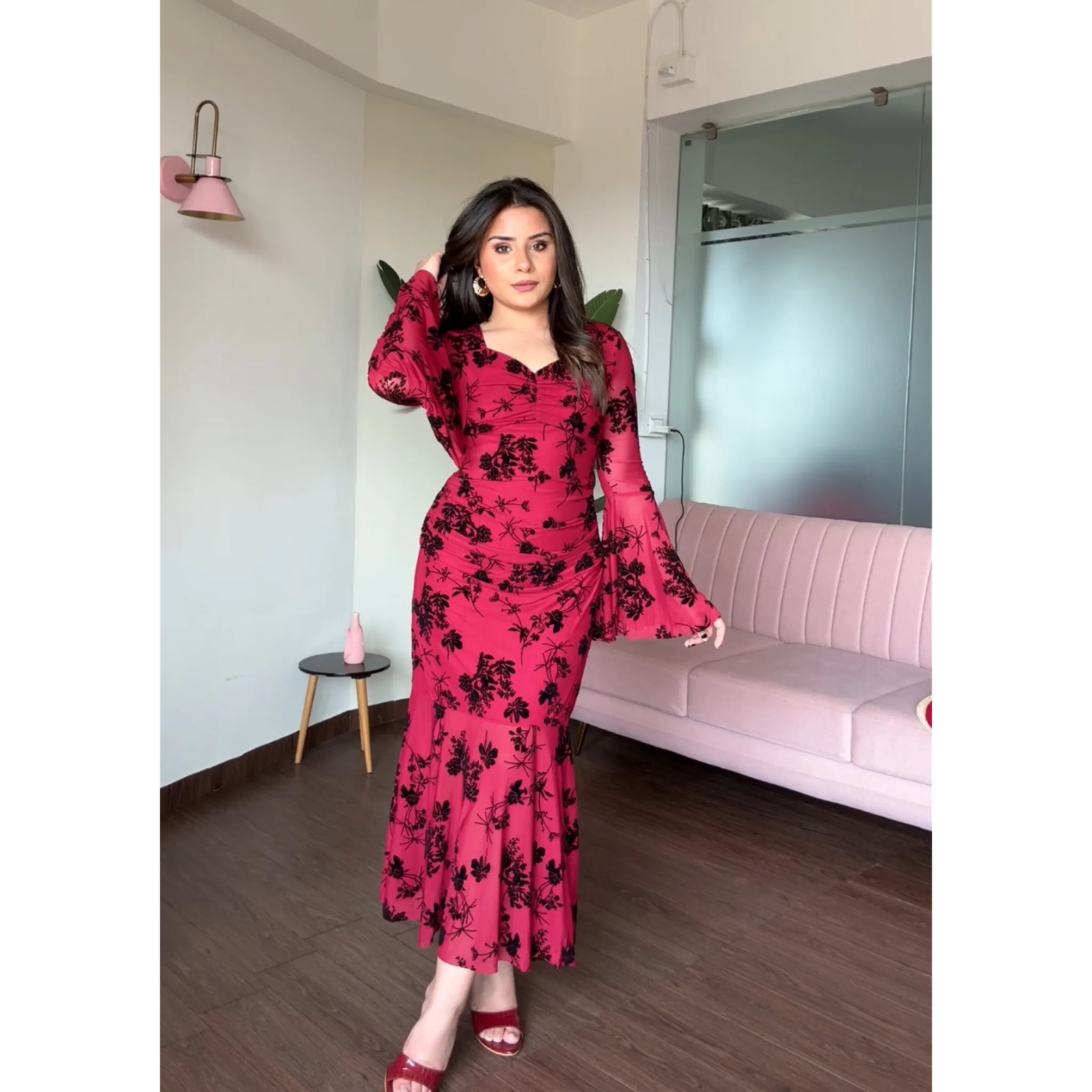 Mesh Bell Sleeves Fit And Flared Midi Dress