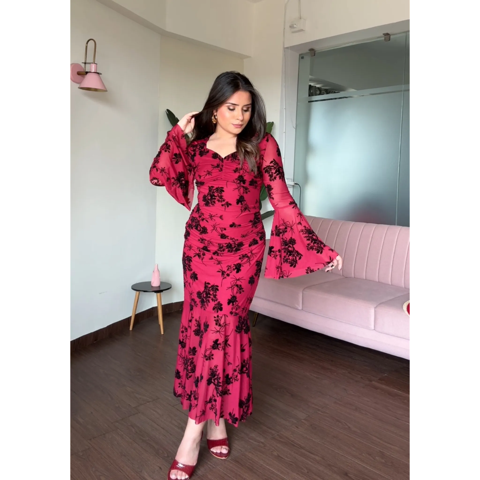 Mesh Bell Sleeves Fit And Flared Midi Dress