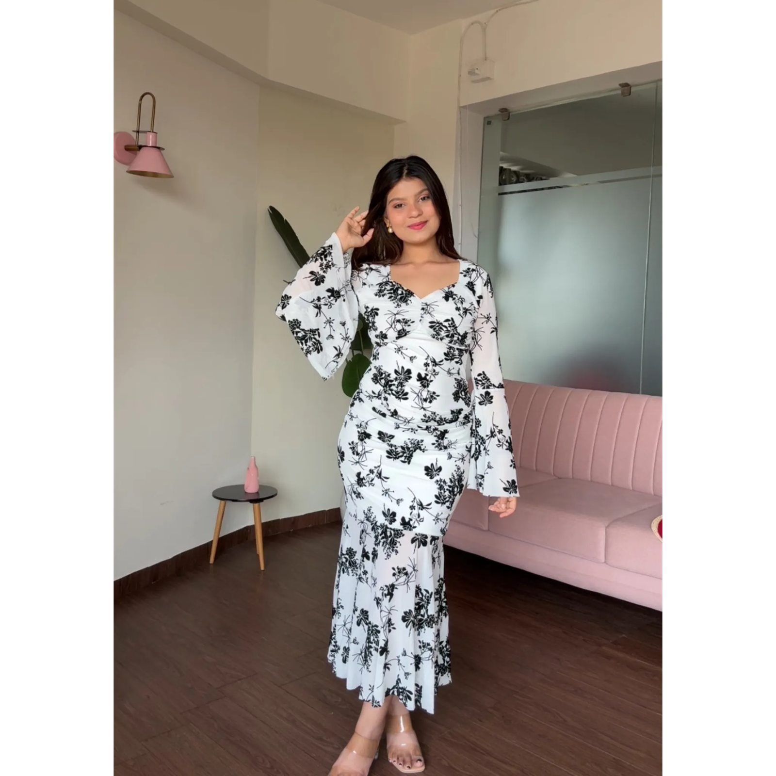 Mesh Bell Sleeves Fit And Flared Midi Dress