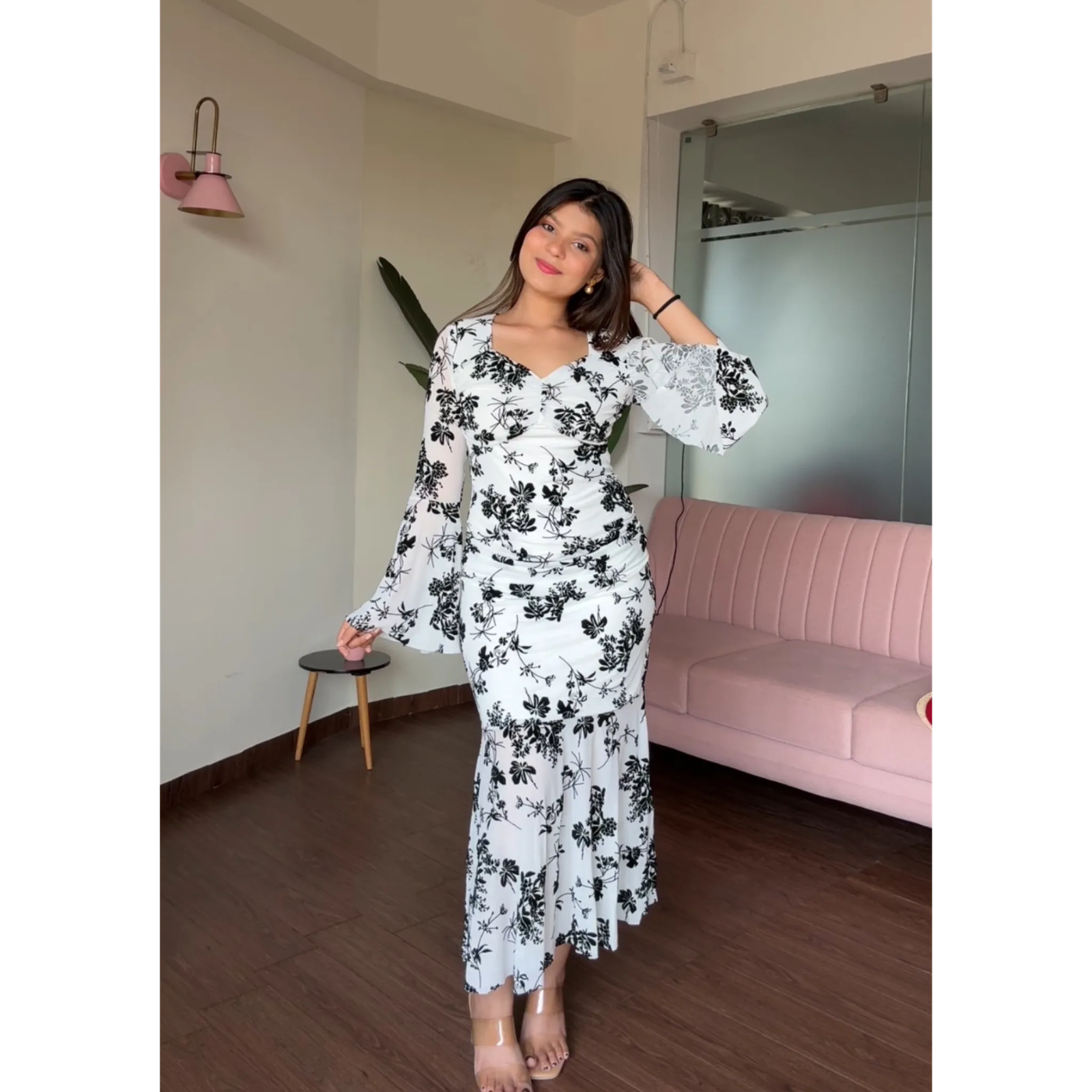 Mesh Bell Sleeves Fit And Flared Midi Dress