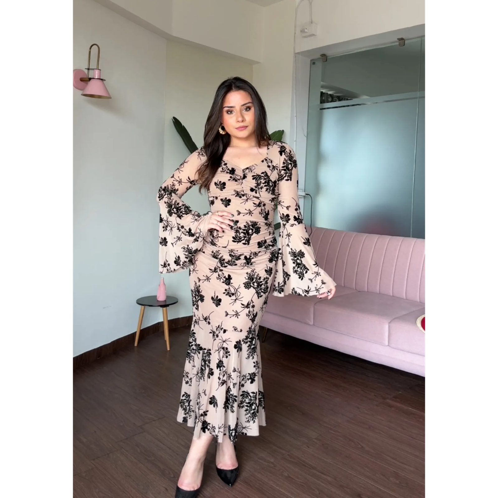 Mesh Bell Sleeves Fit And Flared Midi Dress