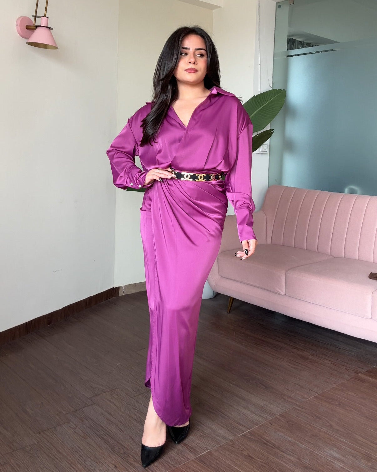 Collared Draped Satin Midi Dress With Belt