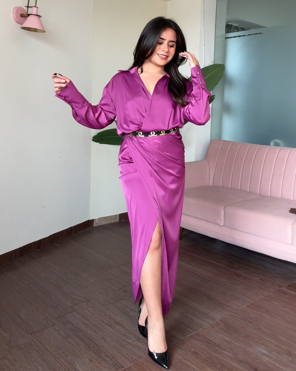 Collared Draped Satin Midi Dress With Belt