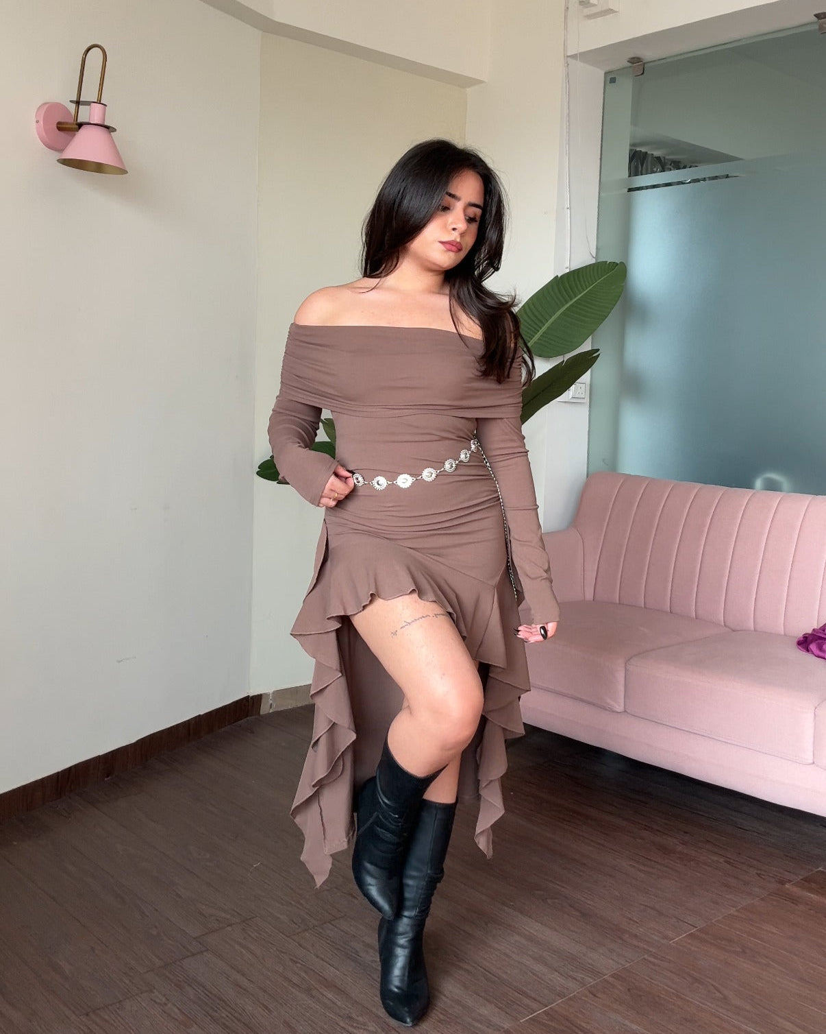 Off Shoulder High Low Ruffle Dress With Waist Chain