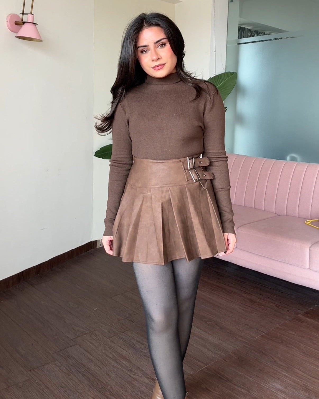 Leather Dual Belted Mini Pleated Skirt