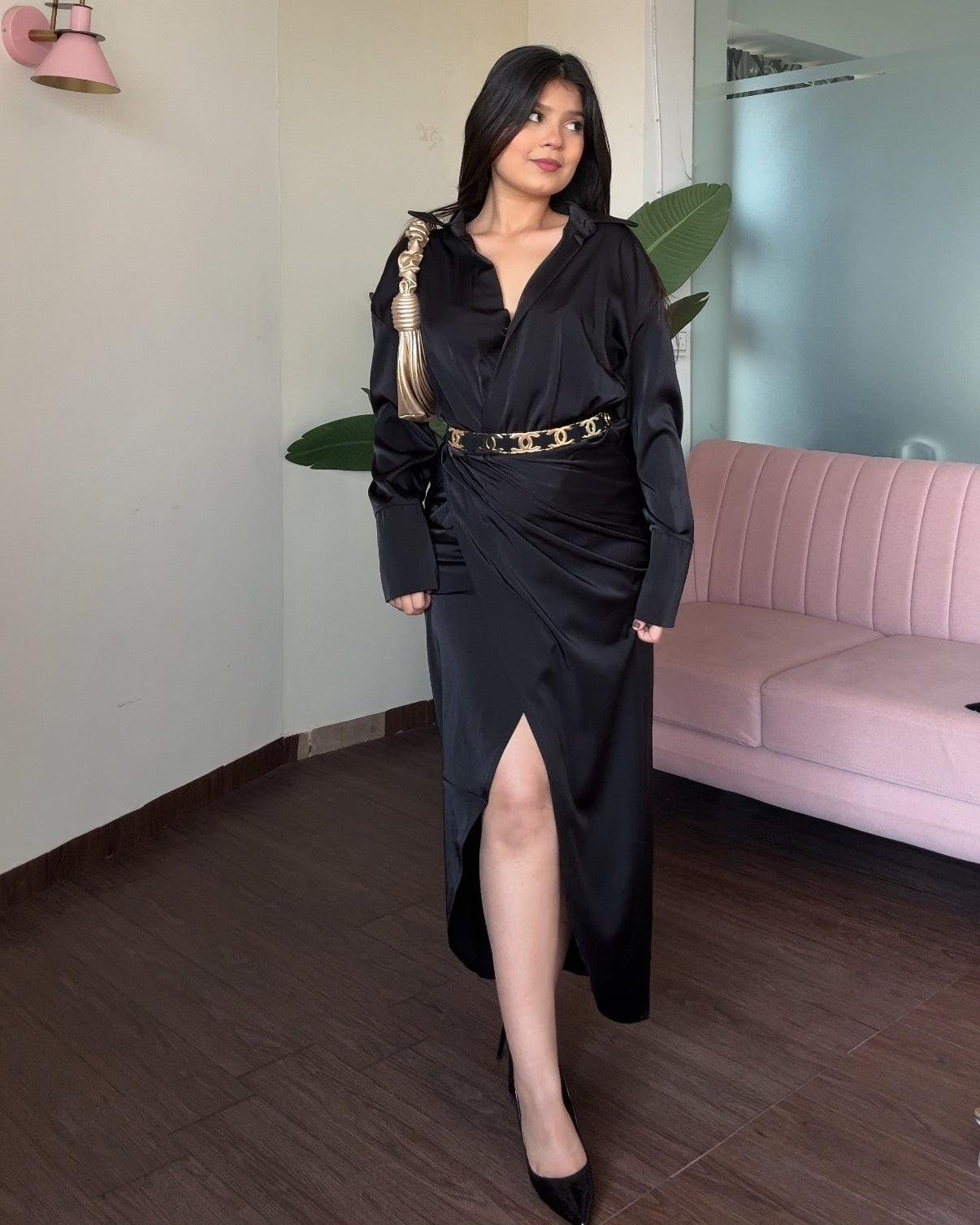 Collared Draped Satin Midi Dress With Belt