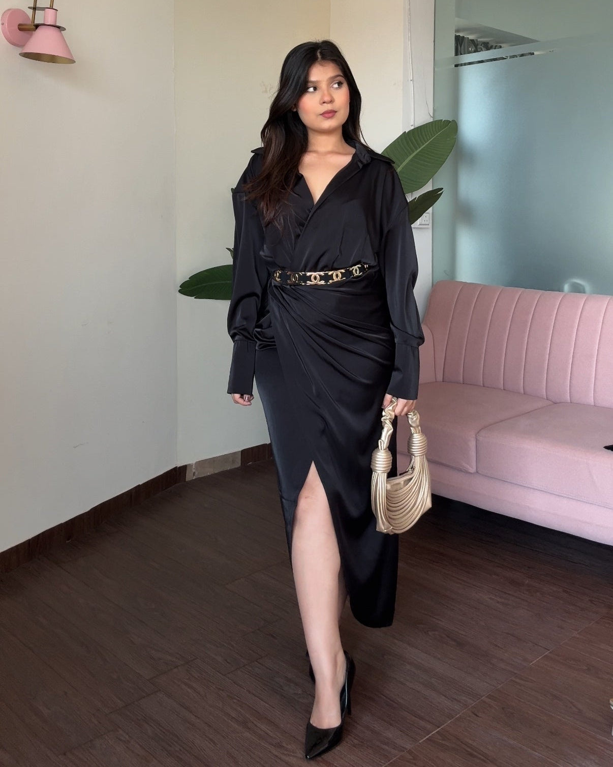 Collared Draped Satin Midi Dress With Belt