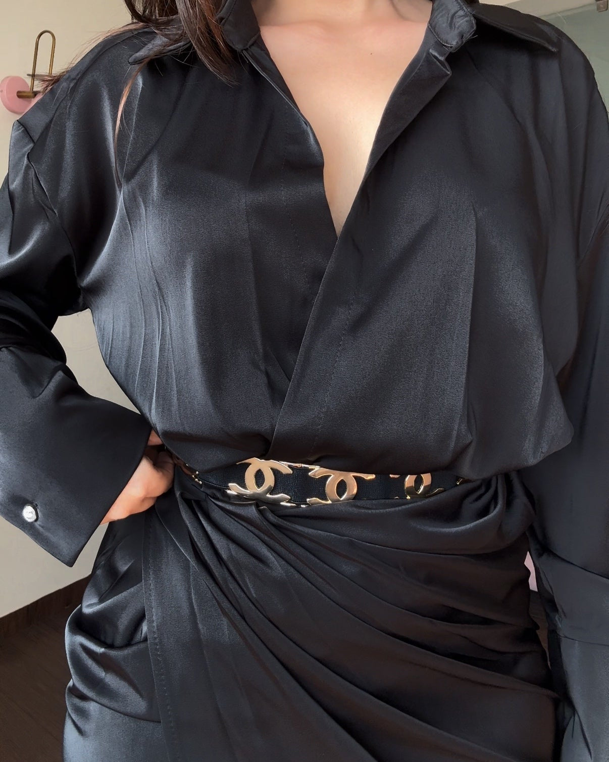 Collared Draped Satin Midi Dress With Belt