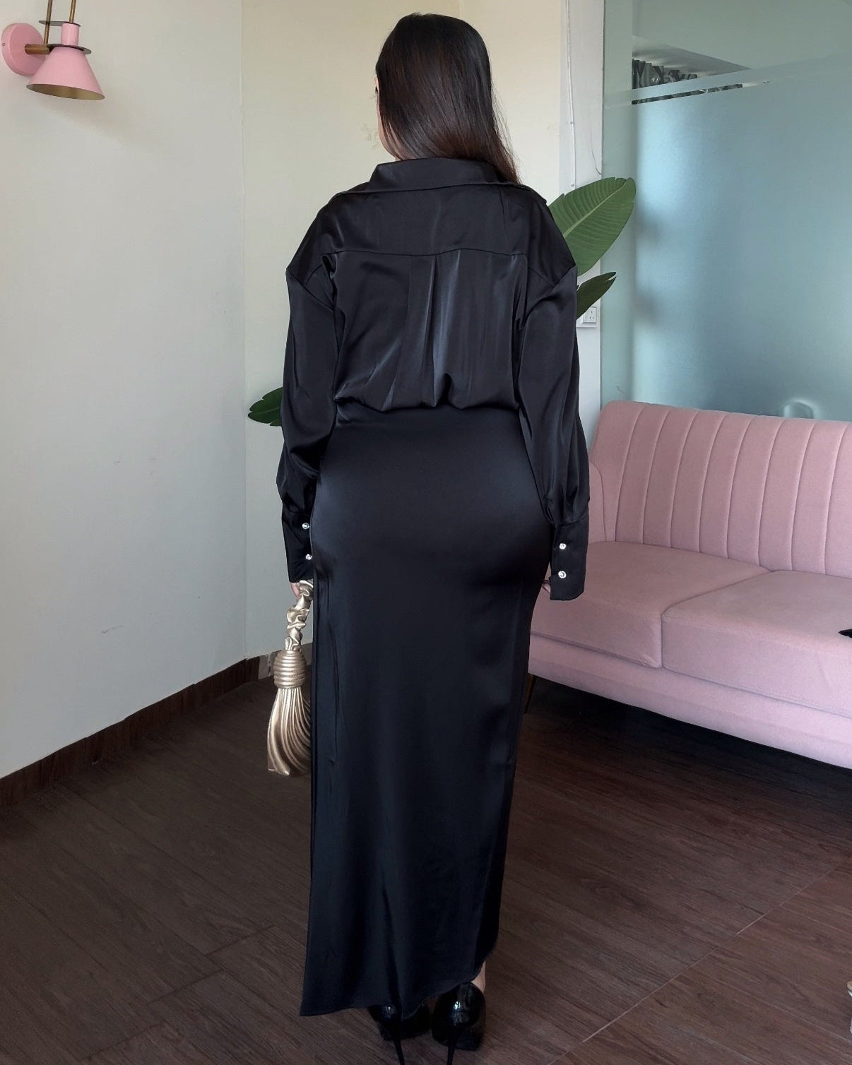 Collared Draped Satin Midi Dress With Belt