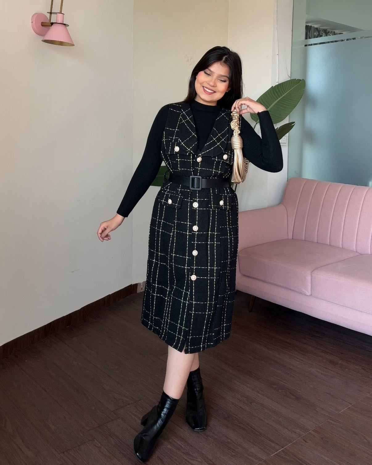 3 Piece Long Tweed Dress With Belt And Inner