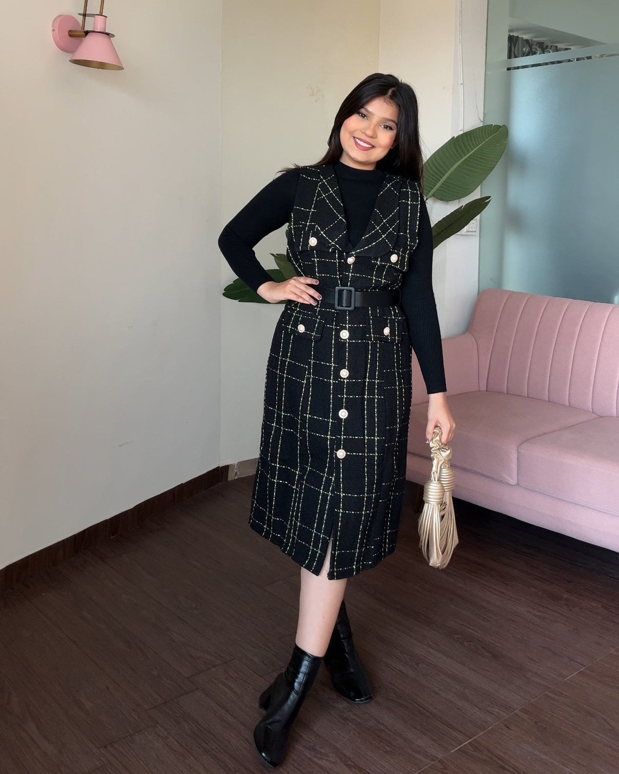 3 Piece Long Tweed Dress With Belt And Inner