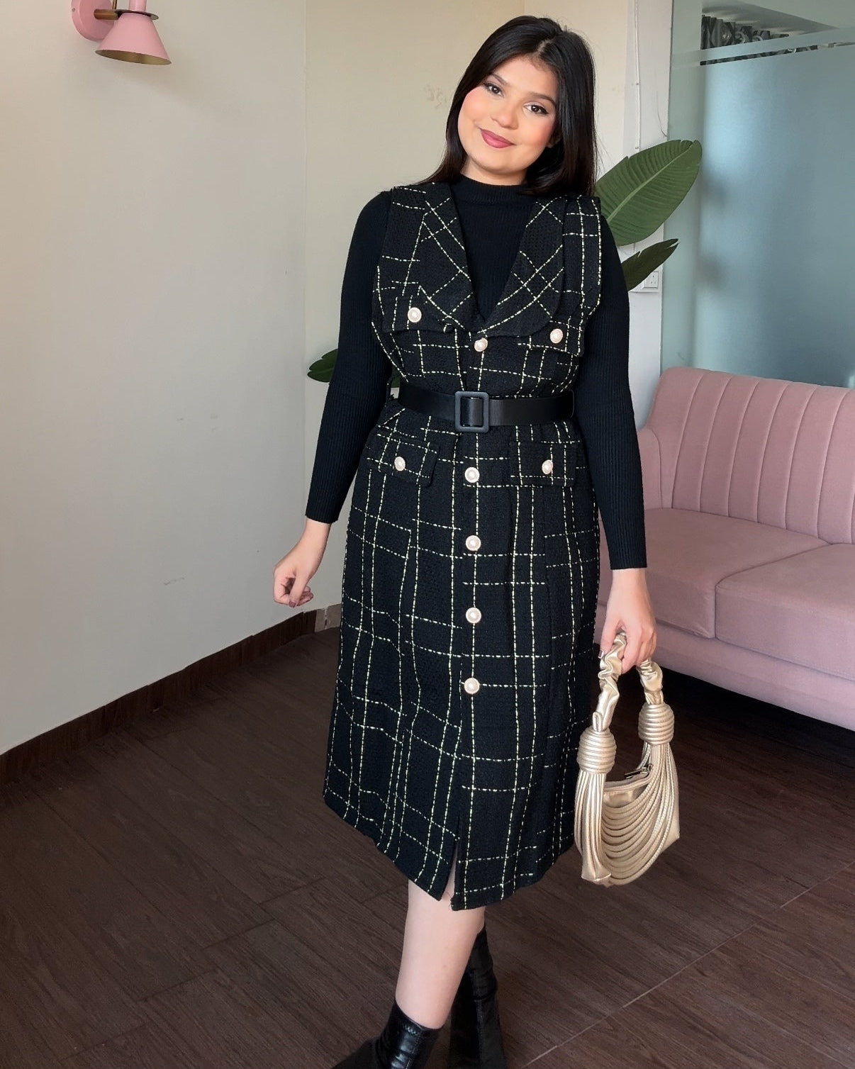 3 Piece Long Tweed Dress With Belt And Inner