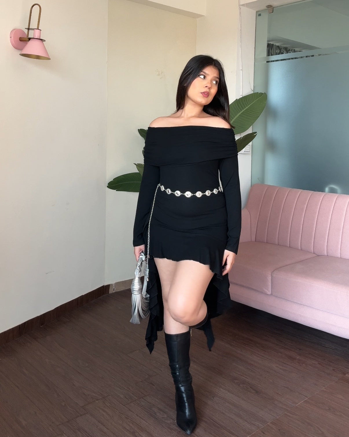 Off Shoulder High Low Ruffle Dress With Waist Chain