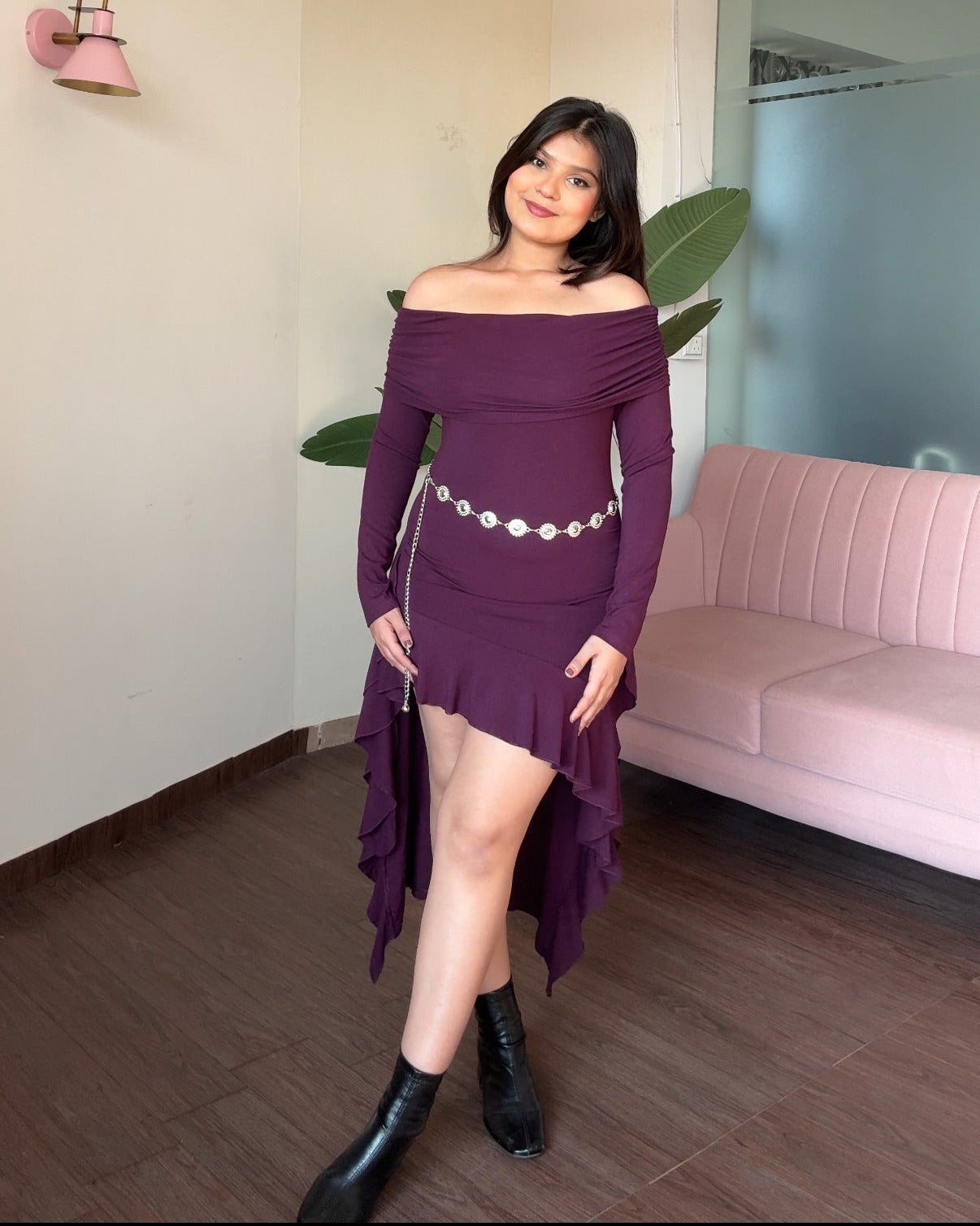 Off Shoulder High Low Ruffle Dress With Waist Chain