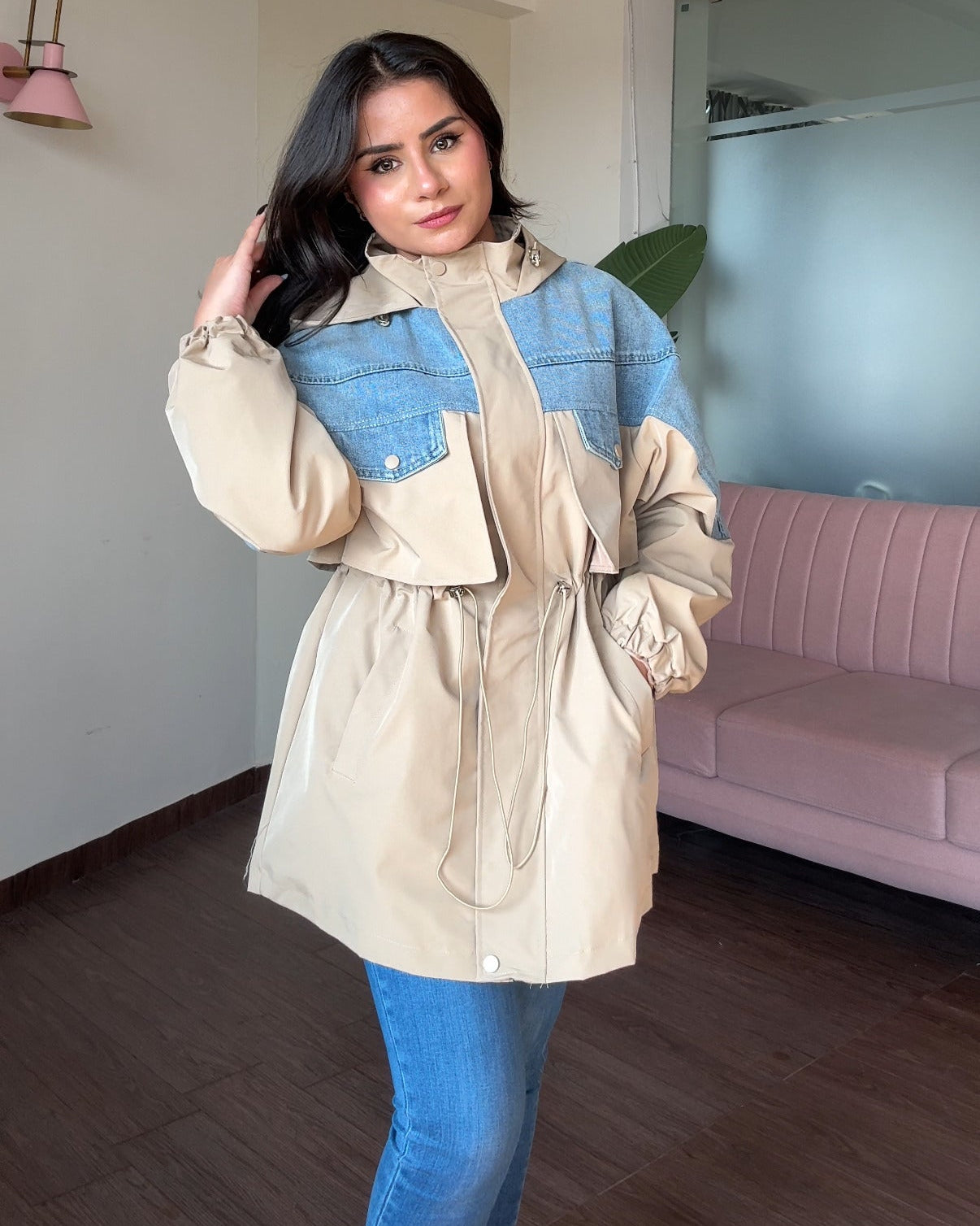 Denim Detailing Waist Adjustable Trench Coat