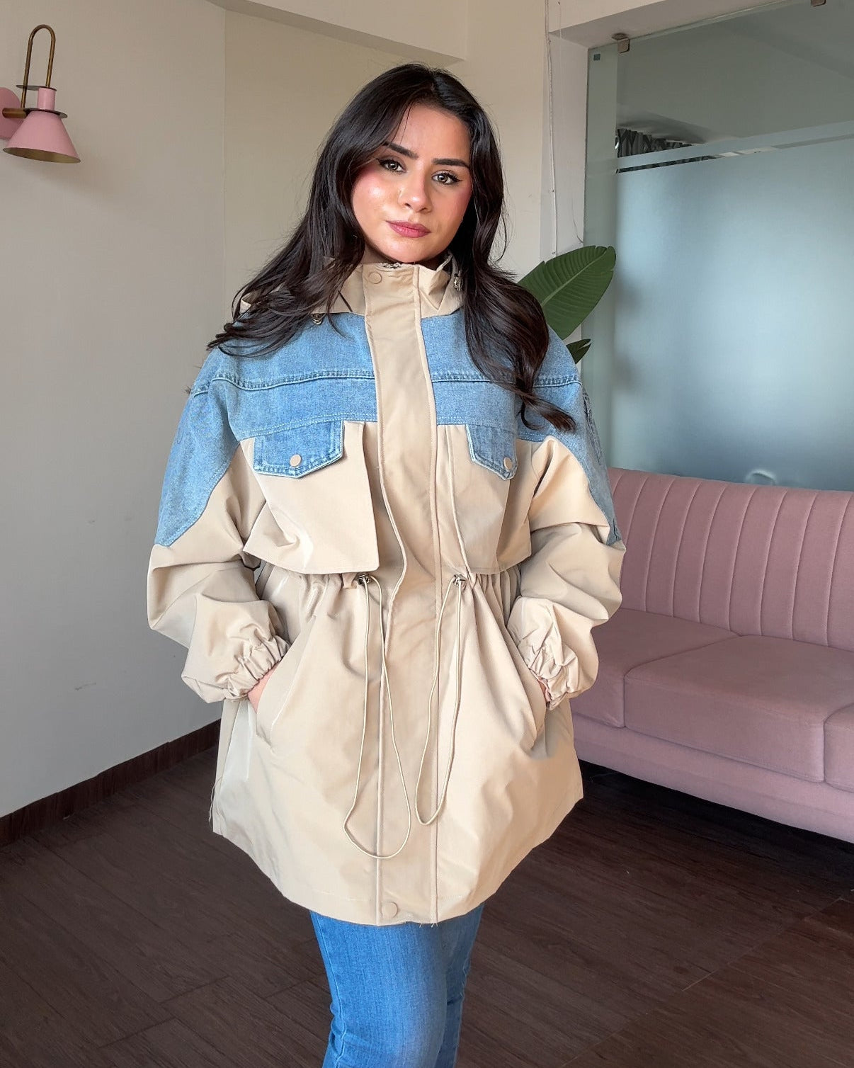 Denim Detailing Waist Adjustable Trench Coat