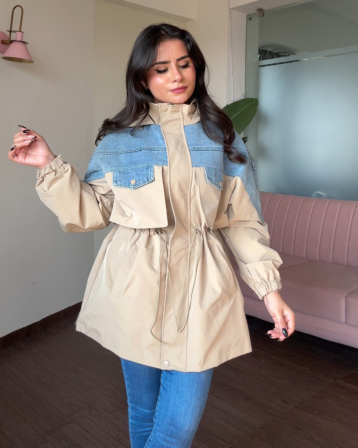 Denim Detailing Waist Adjustable Trench Coat