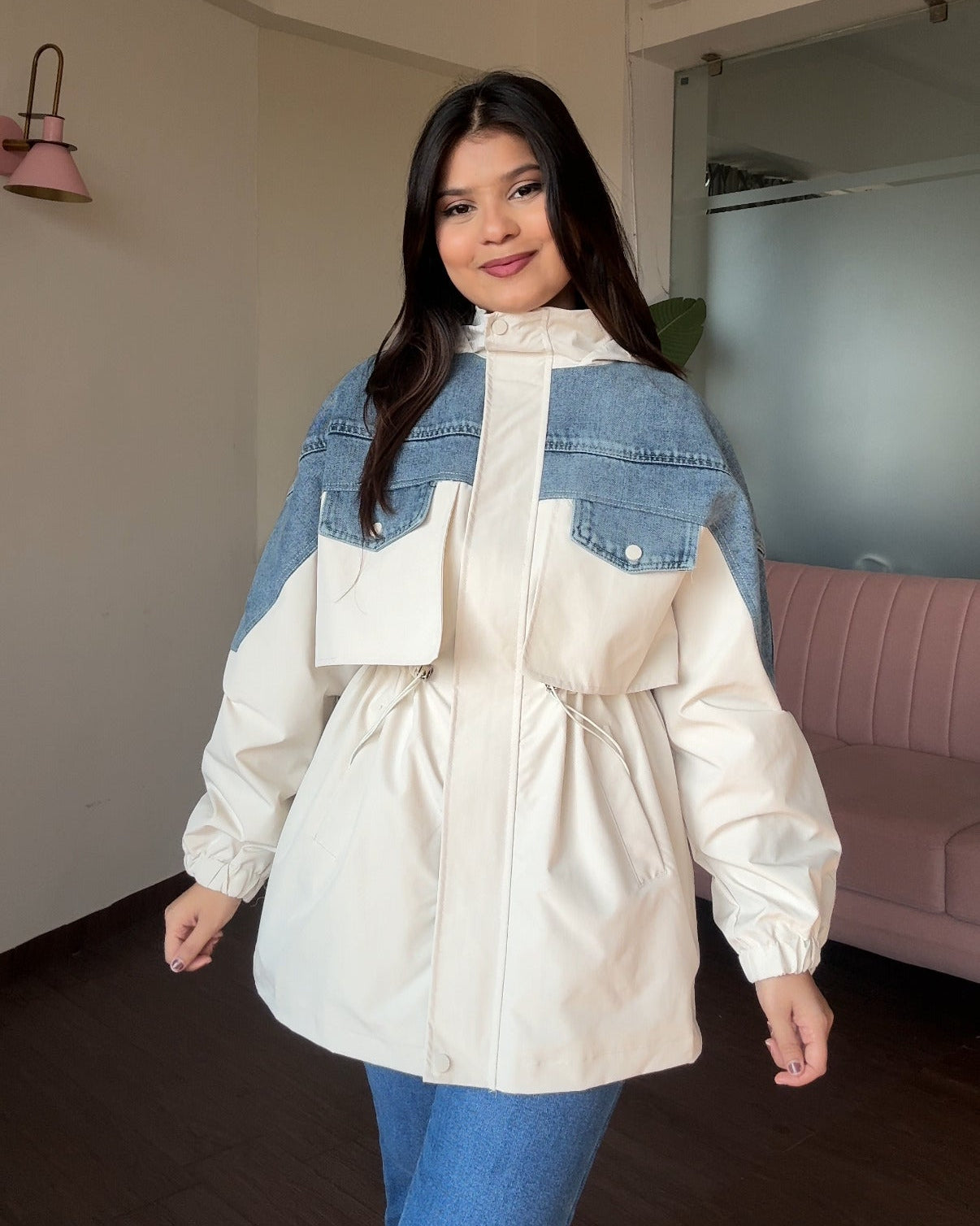 Denim Detailing Waist Adjustable Trench Coat