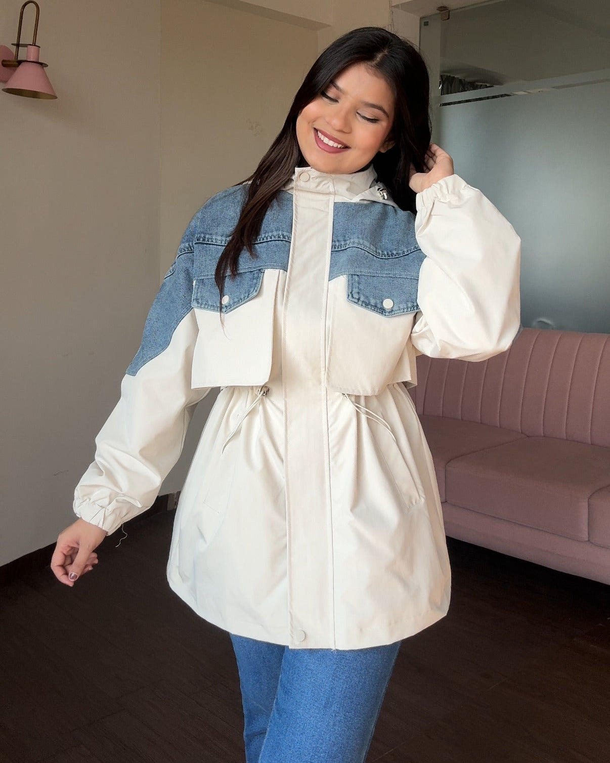 Denim Detailing Waist Adjustable Trench Coat