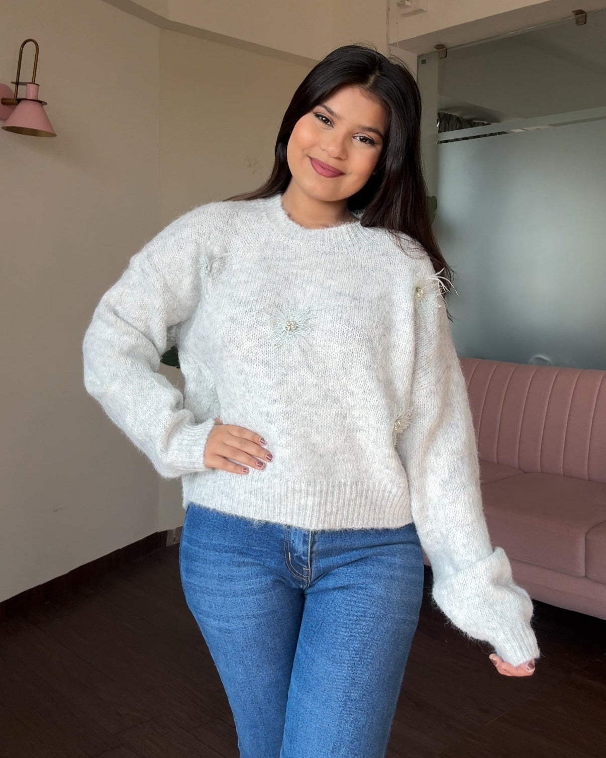 Pastel Relaxed Fit Lacy Flower Detailing Woollen Sweater