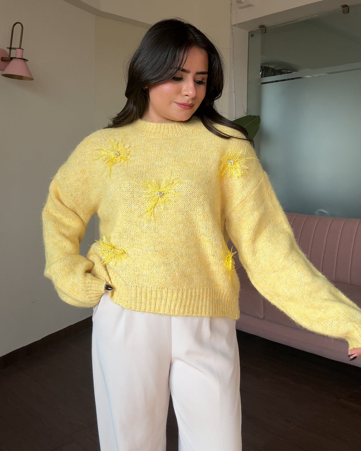 Pastel Relaxed Fit Lacy Flower Detailing Woollen Sweater