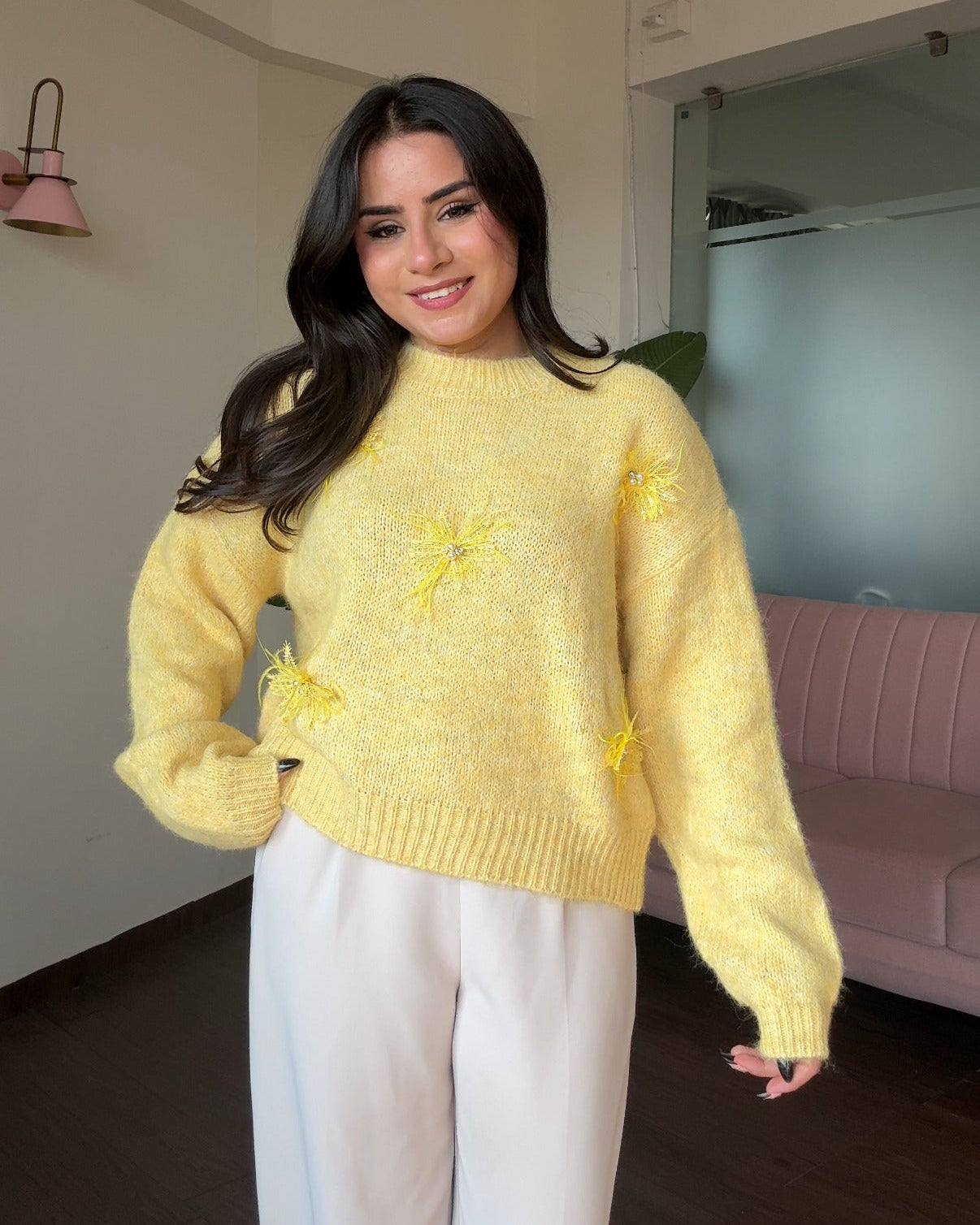 Pastel Relaxed Fit Lacy Flower Detailing Woollen Sweater