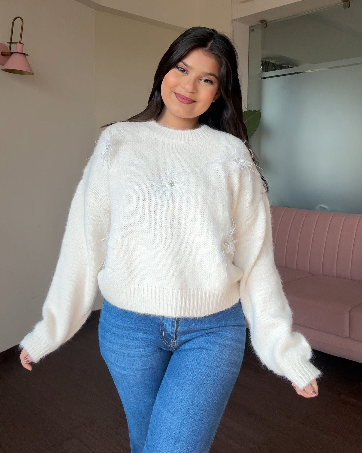 Pastel Relaxed Fit Lacy Flower Detailing Woollen Sweater