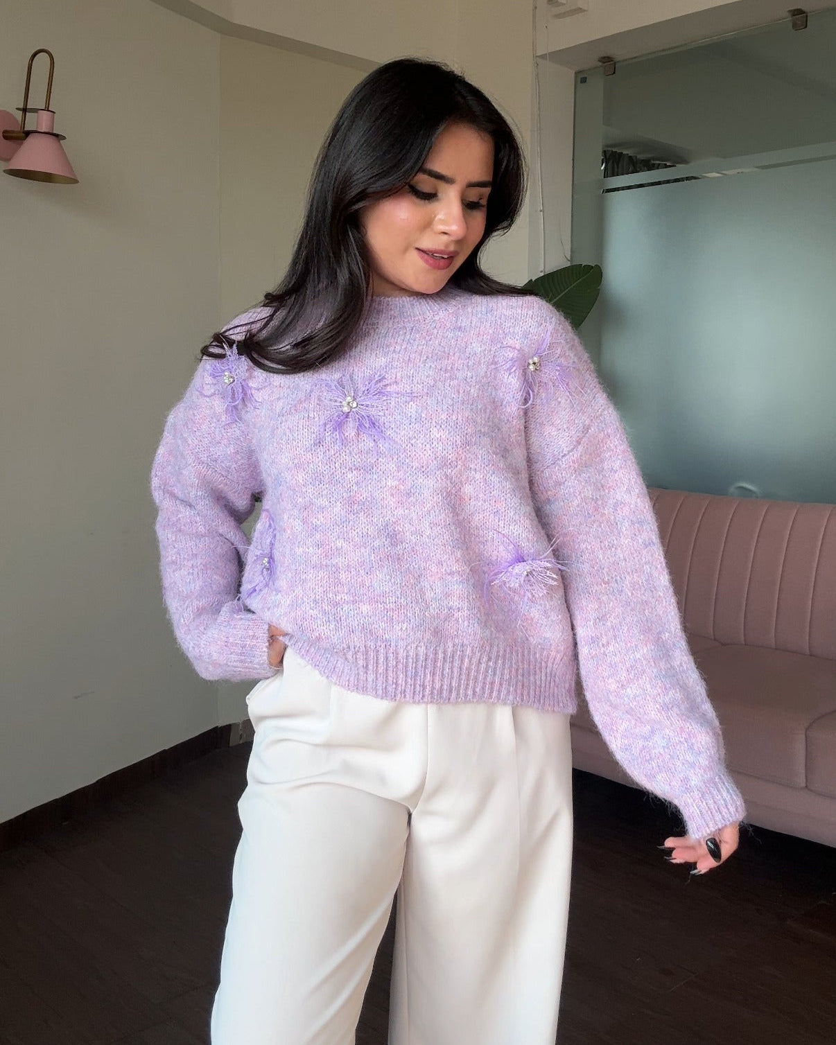 Pastel Relaxed Fit Lacy Flower Detailing Woollen Sweater