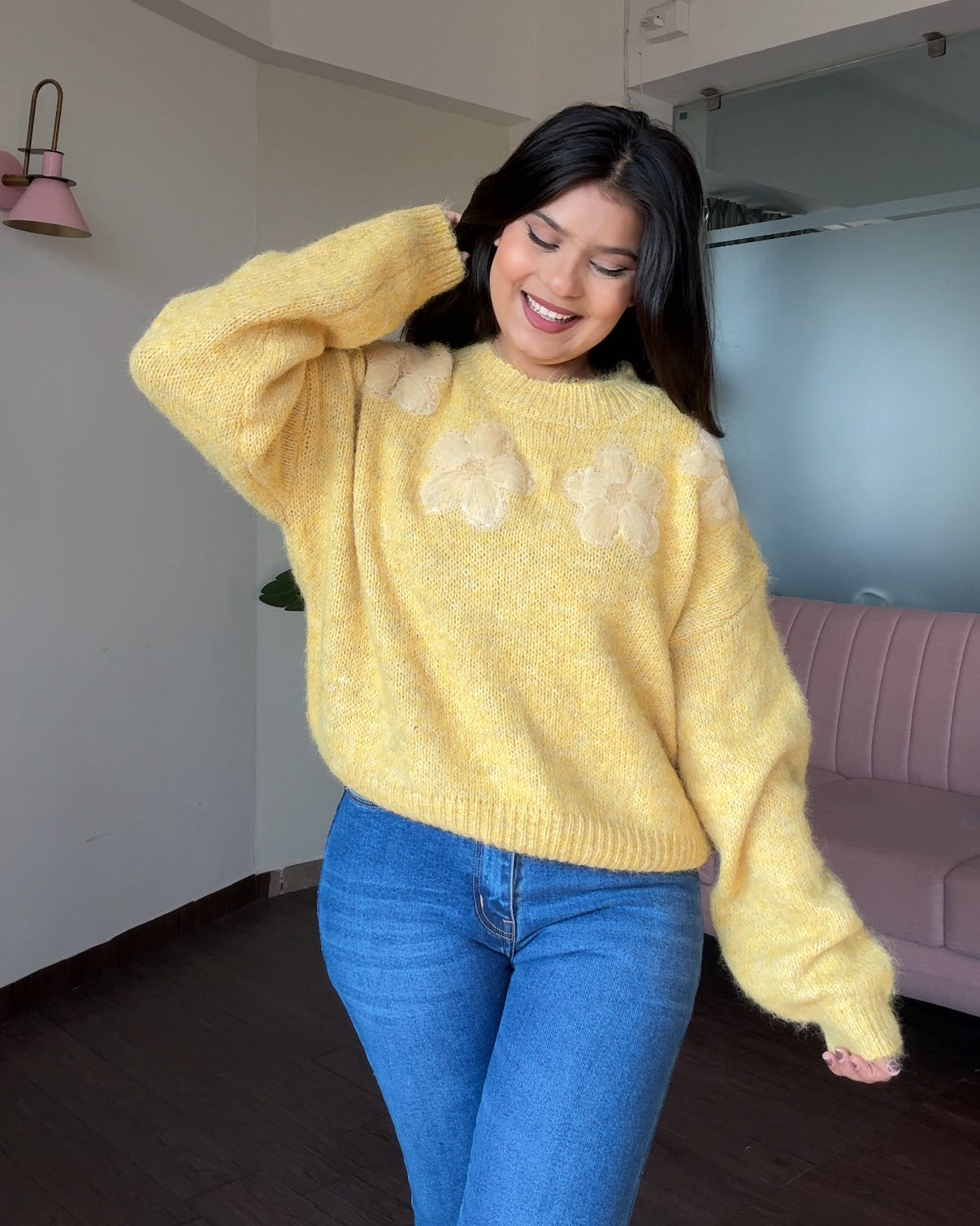 Embellished Flower Detailing Relaxed Fit Woollen Sweater