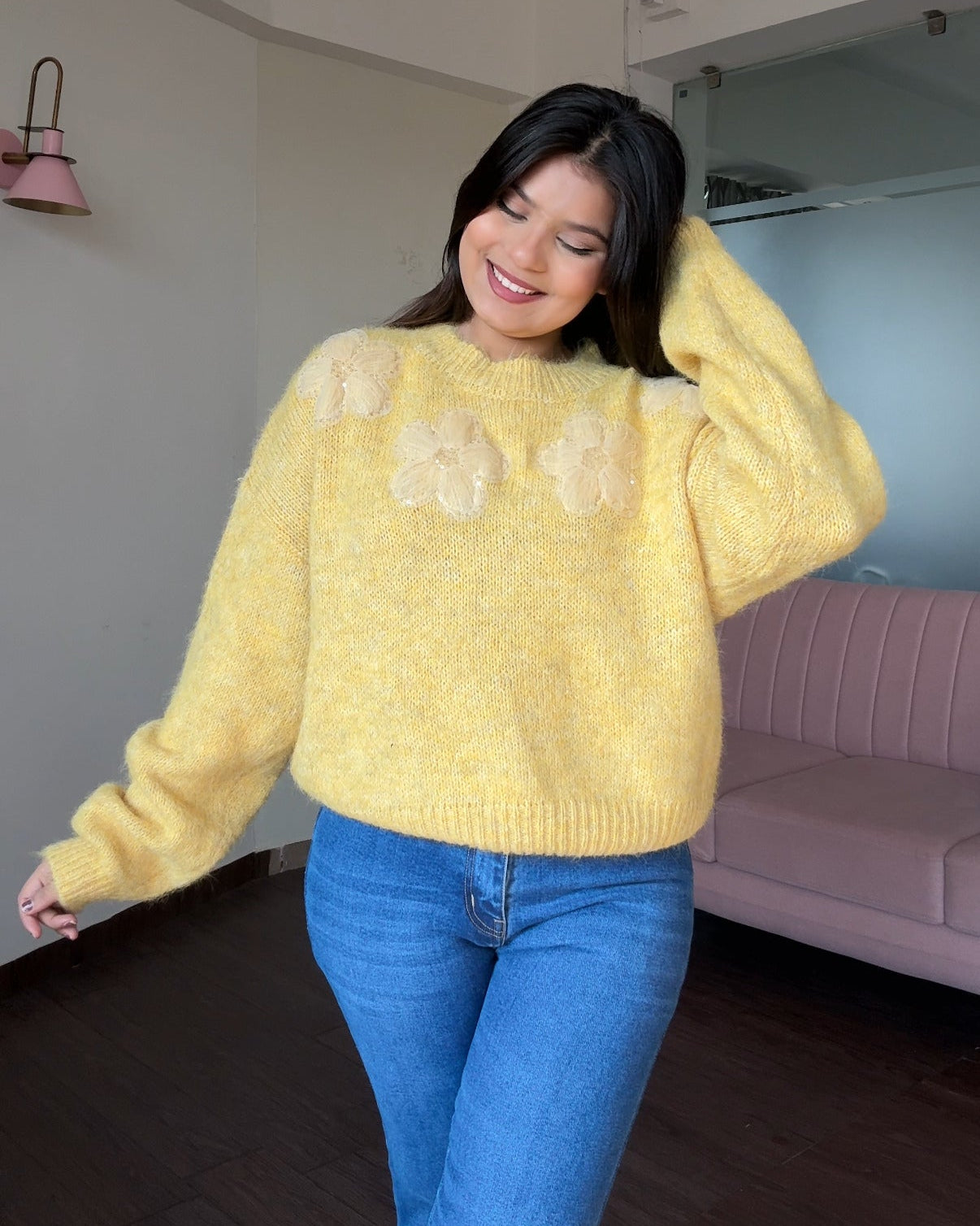 Embellished Flower Detailing Relaxed Fit Woollen Sweater