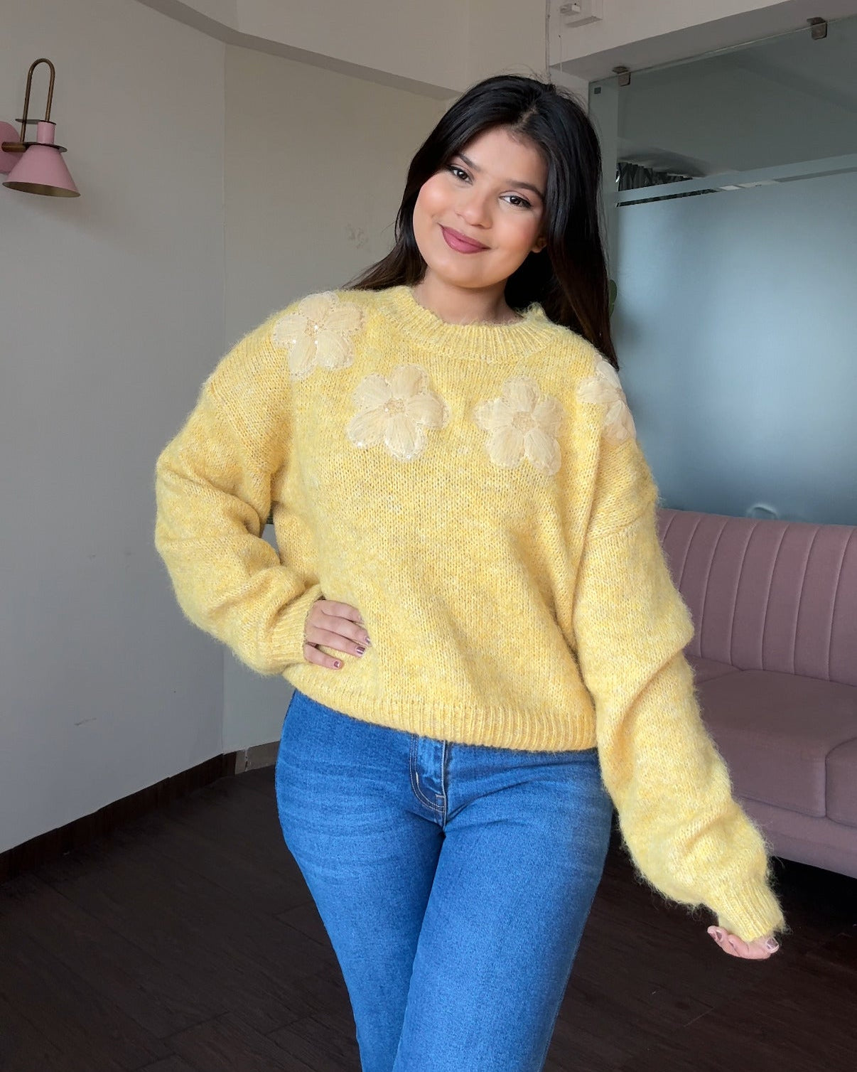 Embellished Flower Detailing Relaxed Fit Woollen Sweater