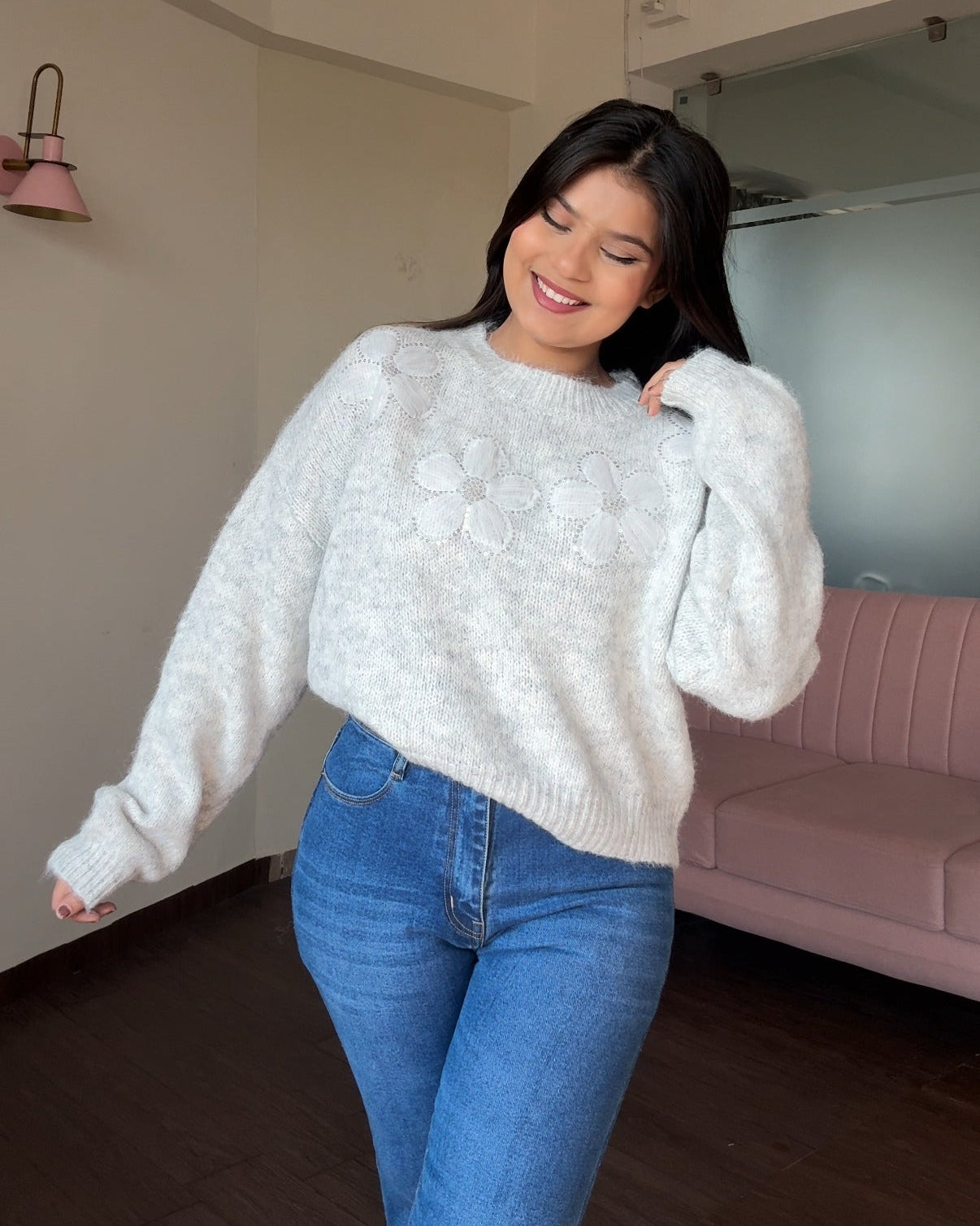 Embellished Flower Detailing Relaxed Fit Woollen Sweater