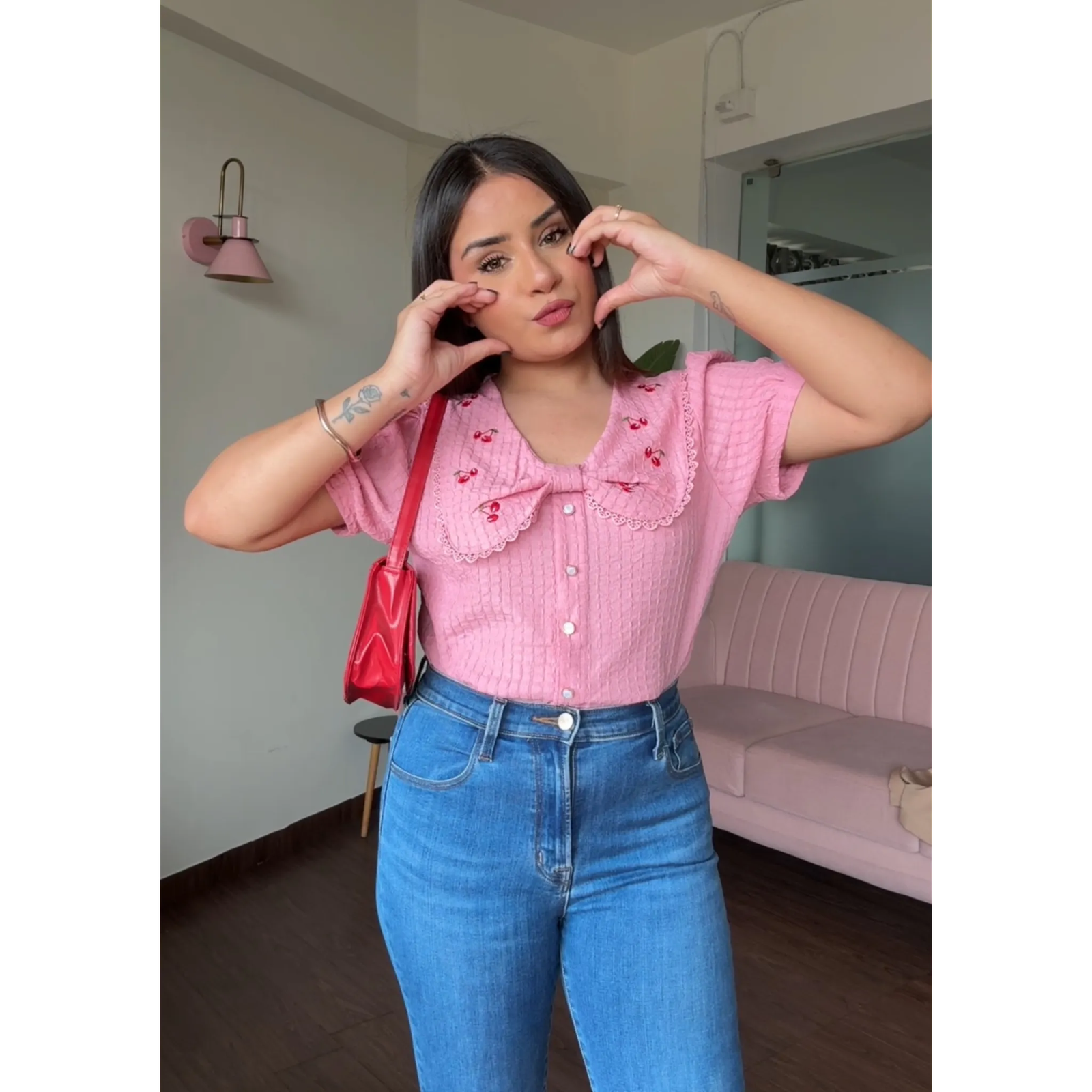 Korean Collar Cherry Detail Puff Sleeves Top